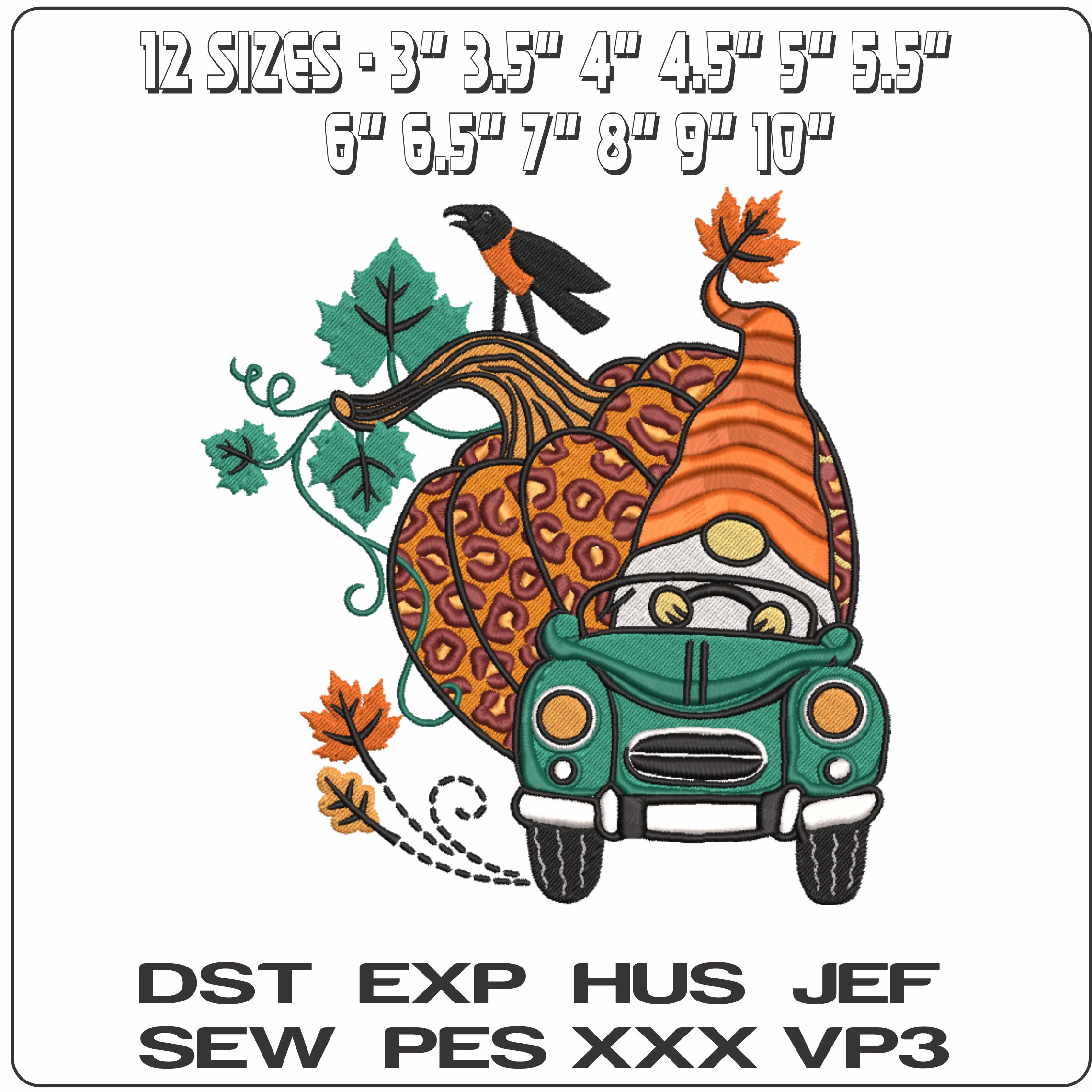 Gnome in Truck with Pumpkin - Elegant embroidery design file - instant download