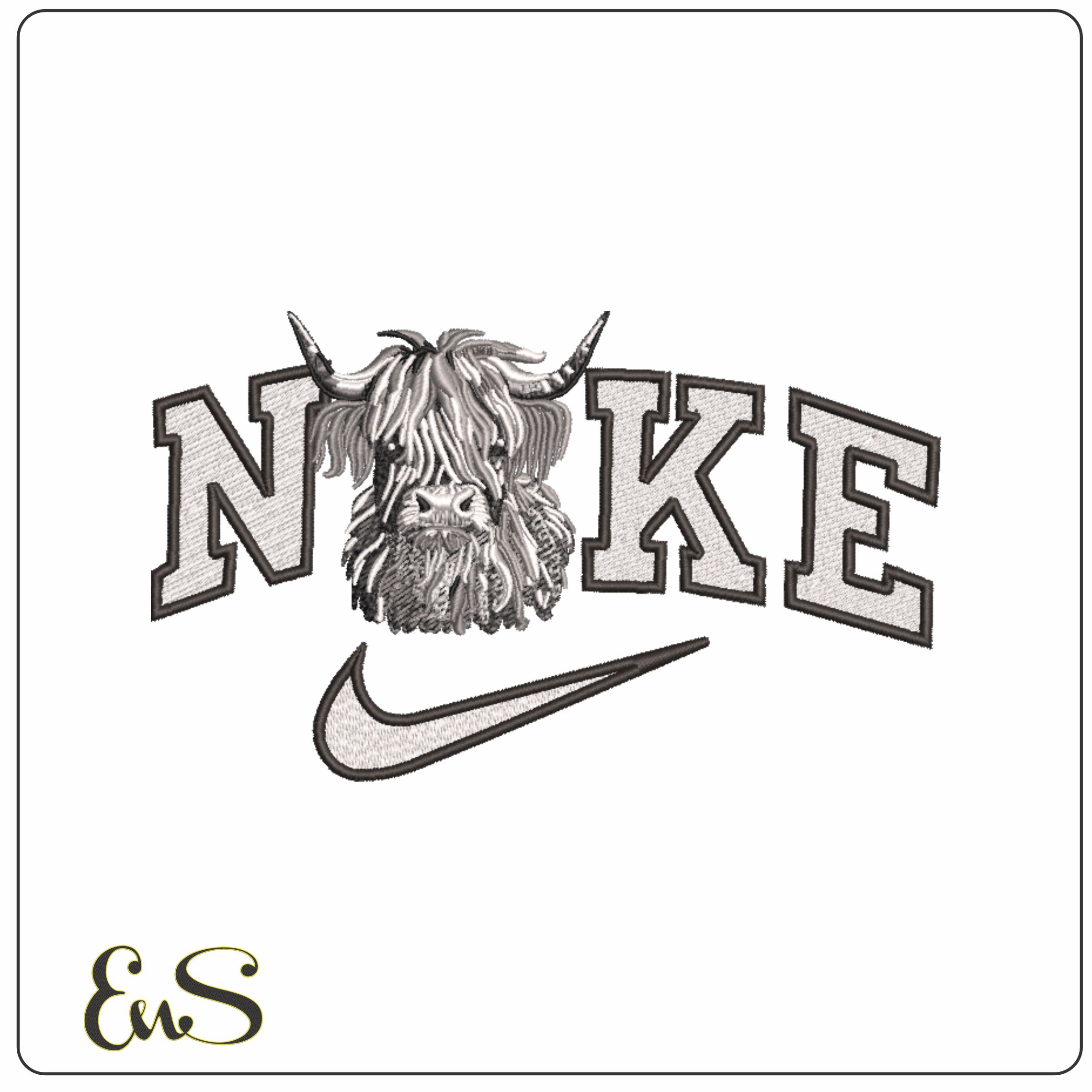 Nike Highland Cow Grey Scale - Elegant embroidery design file - instant download