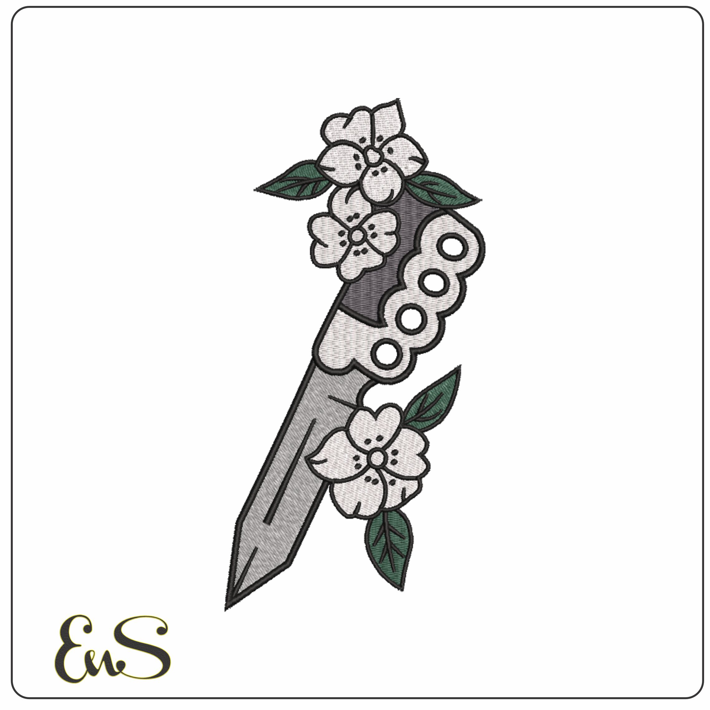 Dagger Knuckle Dusters and Flowers - Elegant embroidery design file - instant download
