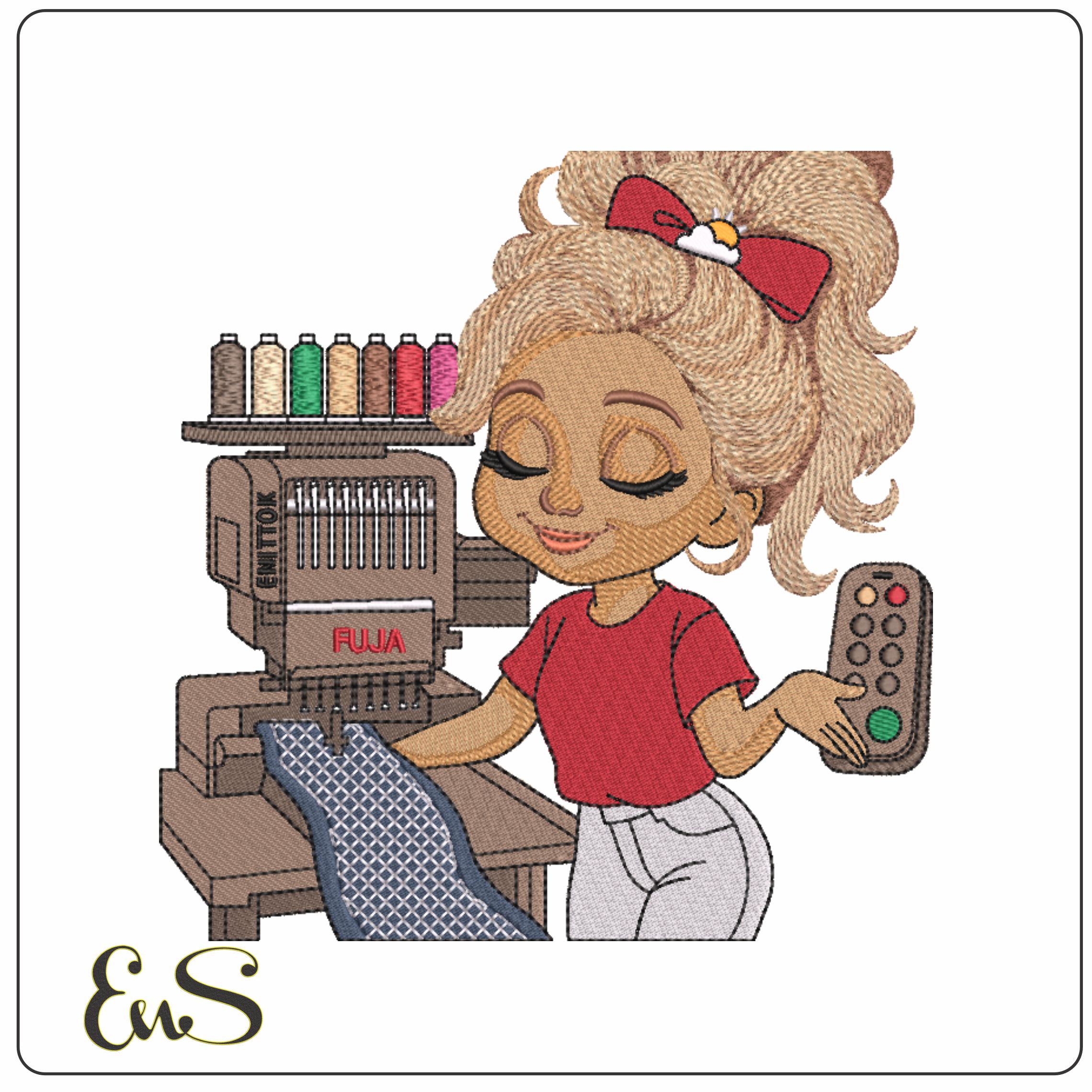 Embroidery Machine with Lady- Elegant embroidery design file - instant download