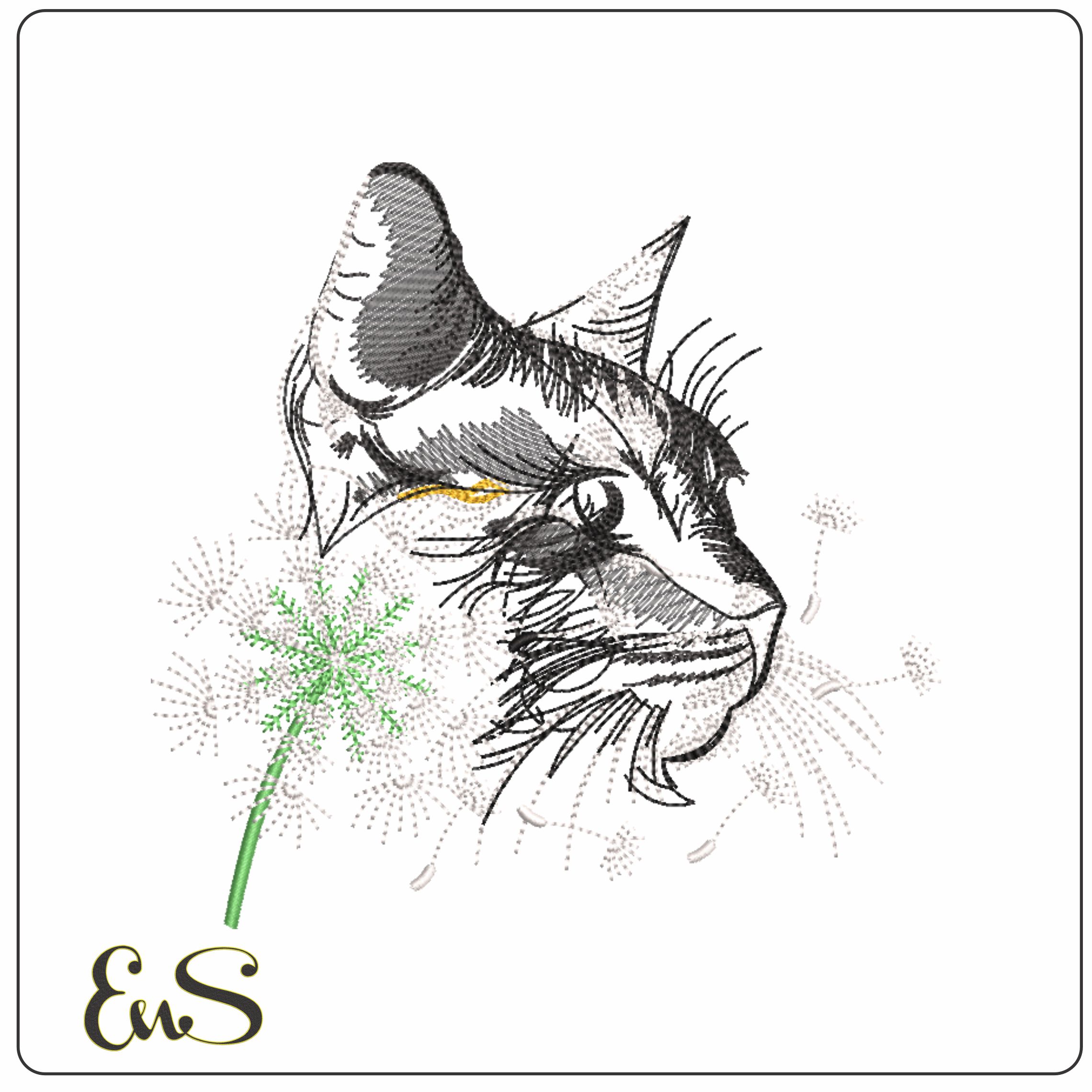 Grey Cat with Dandelion- Elegant embroidery design file - instant download
