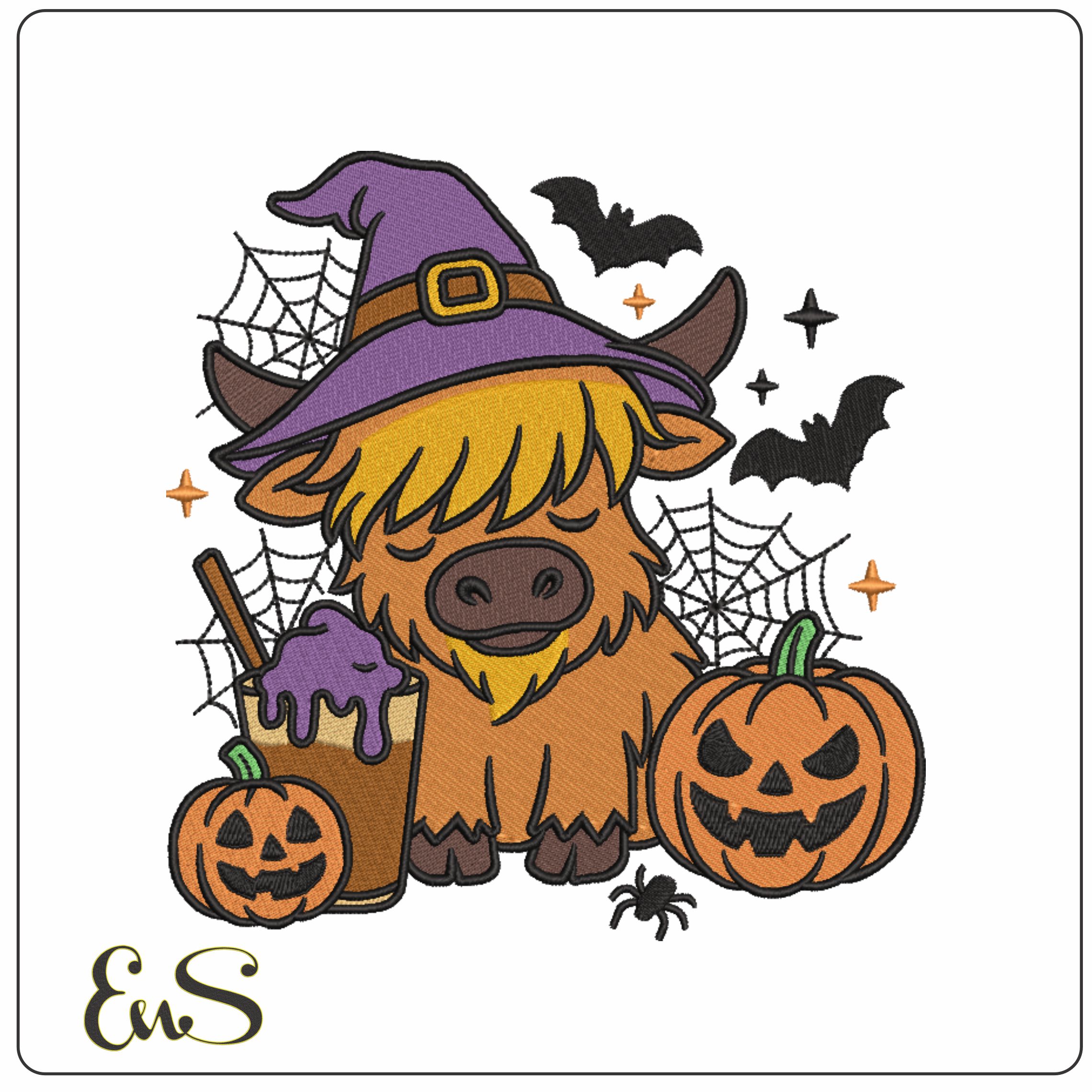 Halloween Highland Cow with Bats and Spiders Web- Elegant embroidery design file - instant download