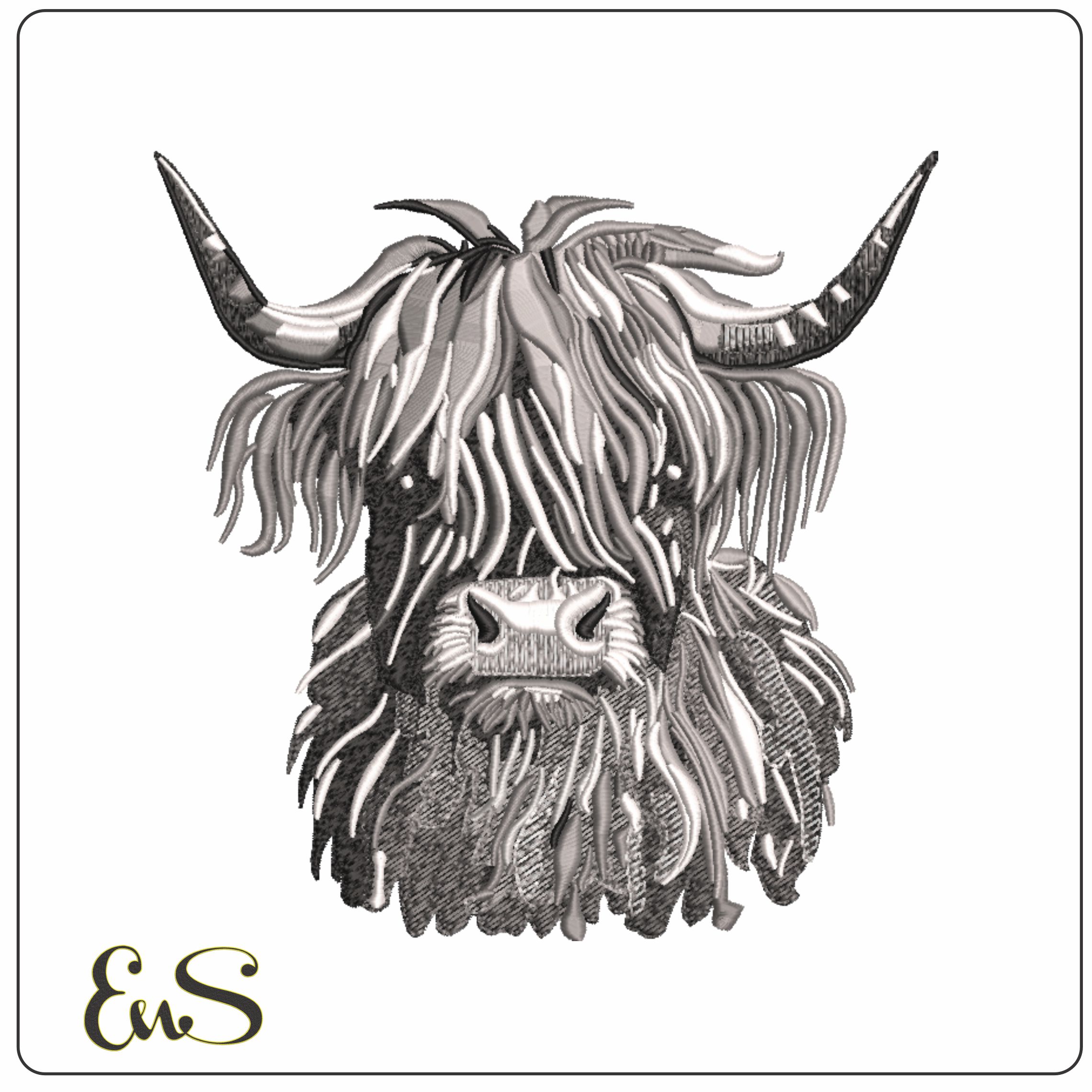 Highland Cow Grey Scale- Elegant embroidery design file - instant download