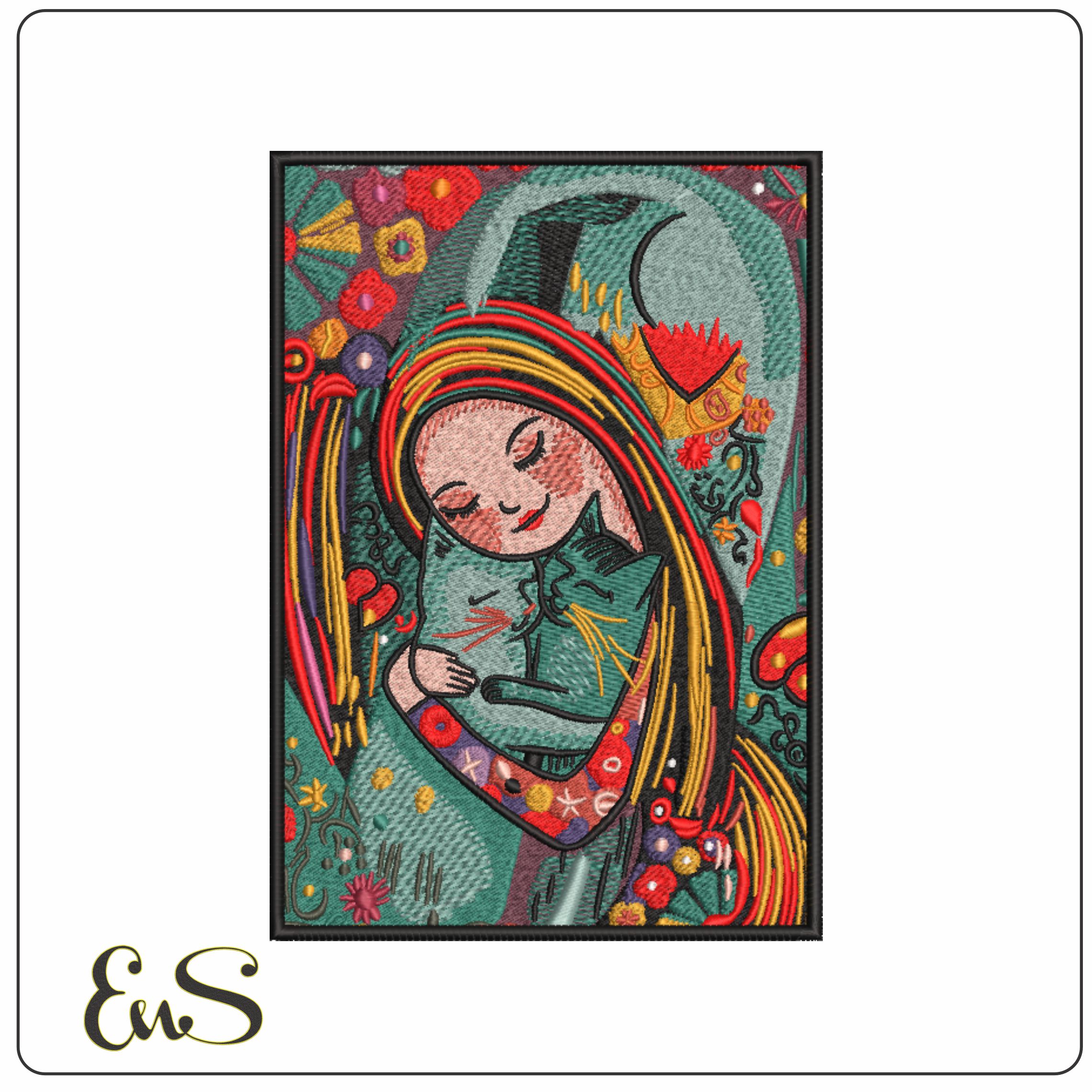 Lady cuddling Cats- Elegant embroidery design file - instant download