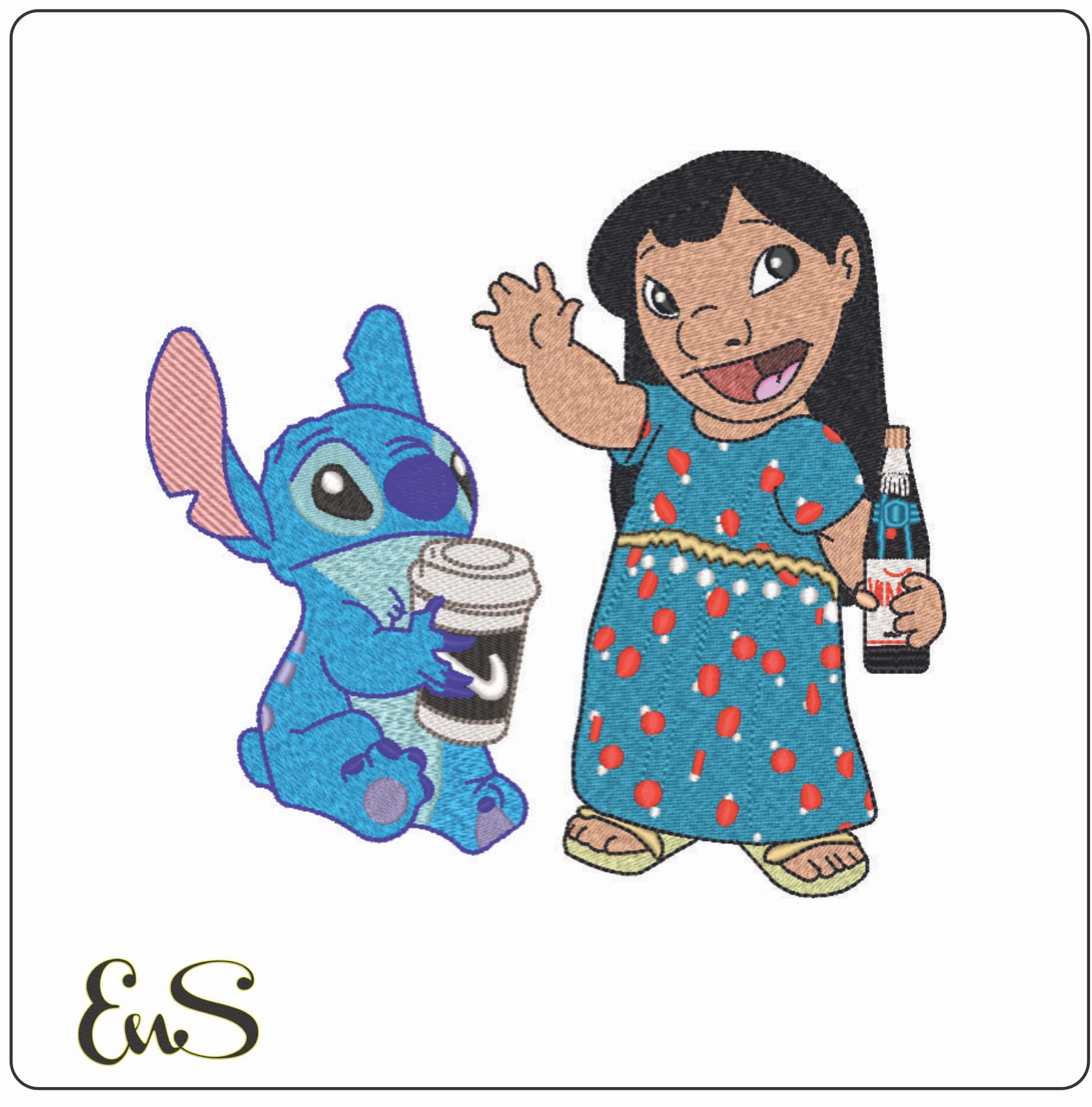 Lilo and Stitch with drinks - Disney- Elegant embroidery design file - instant download