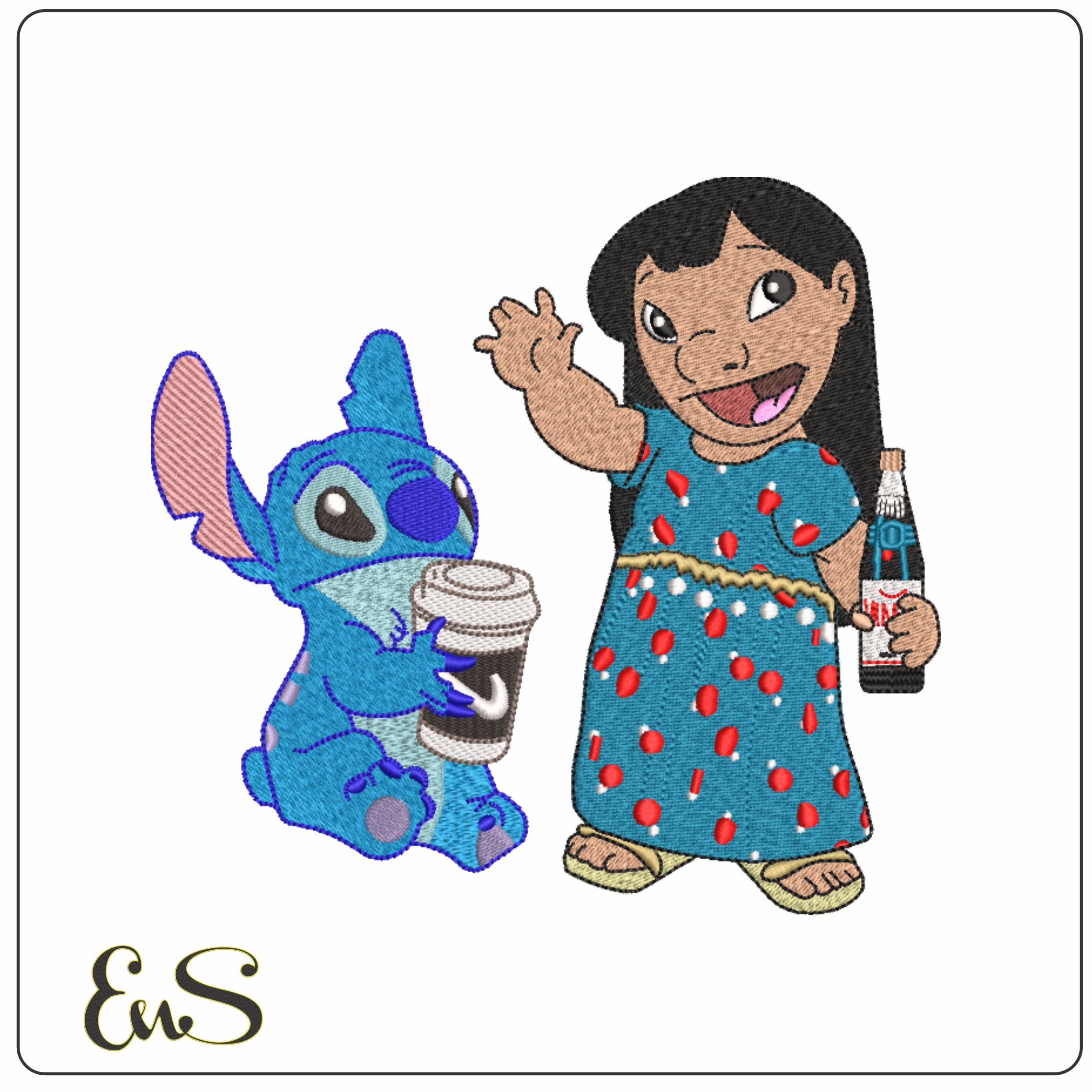 Lilo and Stitch with drinks - Disney- Elegant embroidery design file - instant download