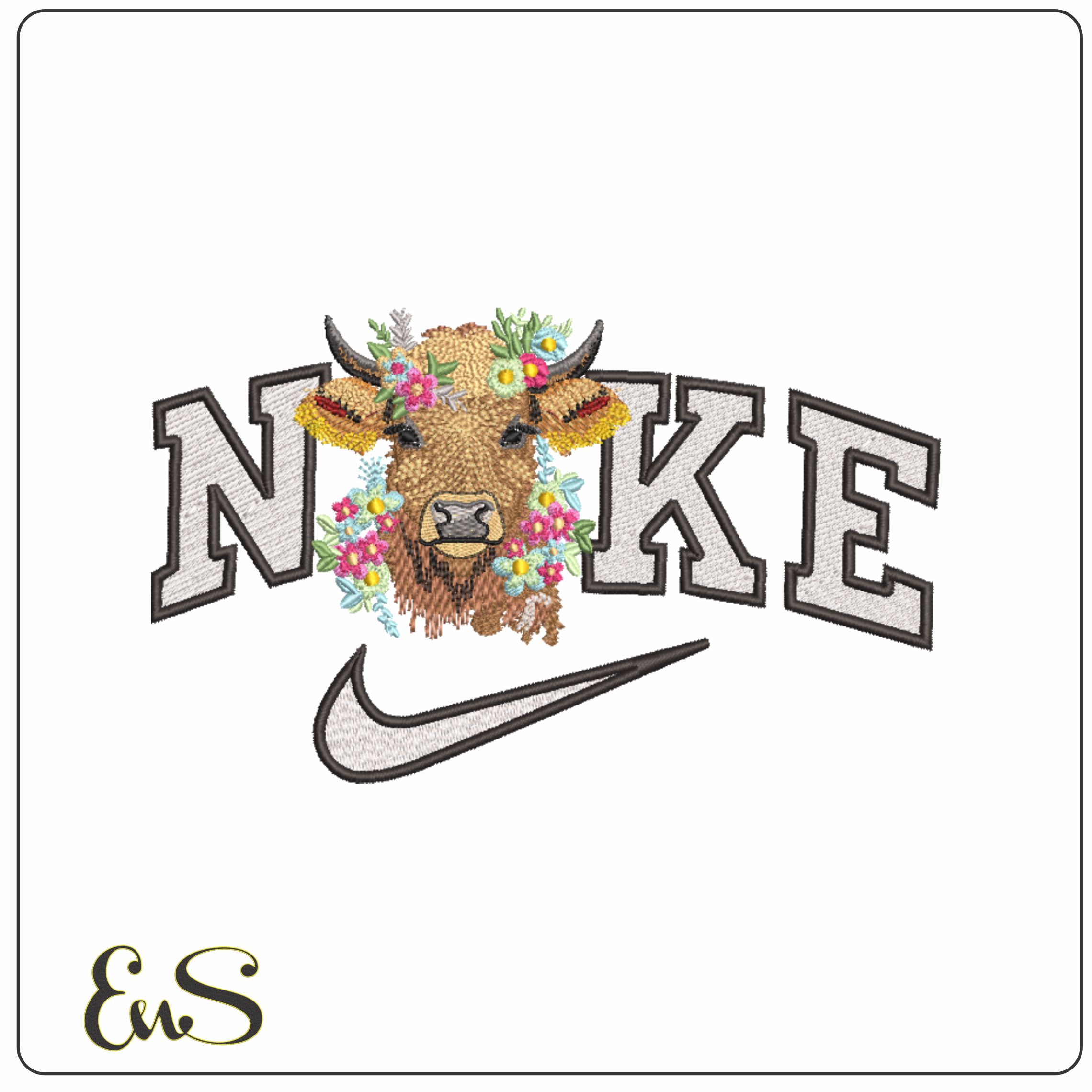 Nike Cow Face with Flowers- Elegant embroidery design file - instant download