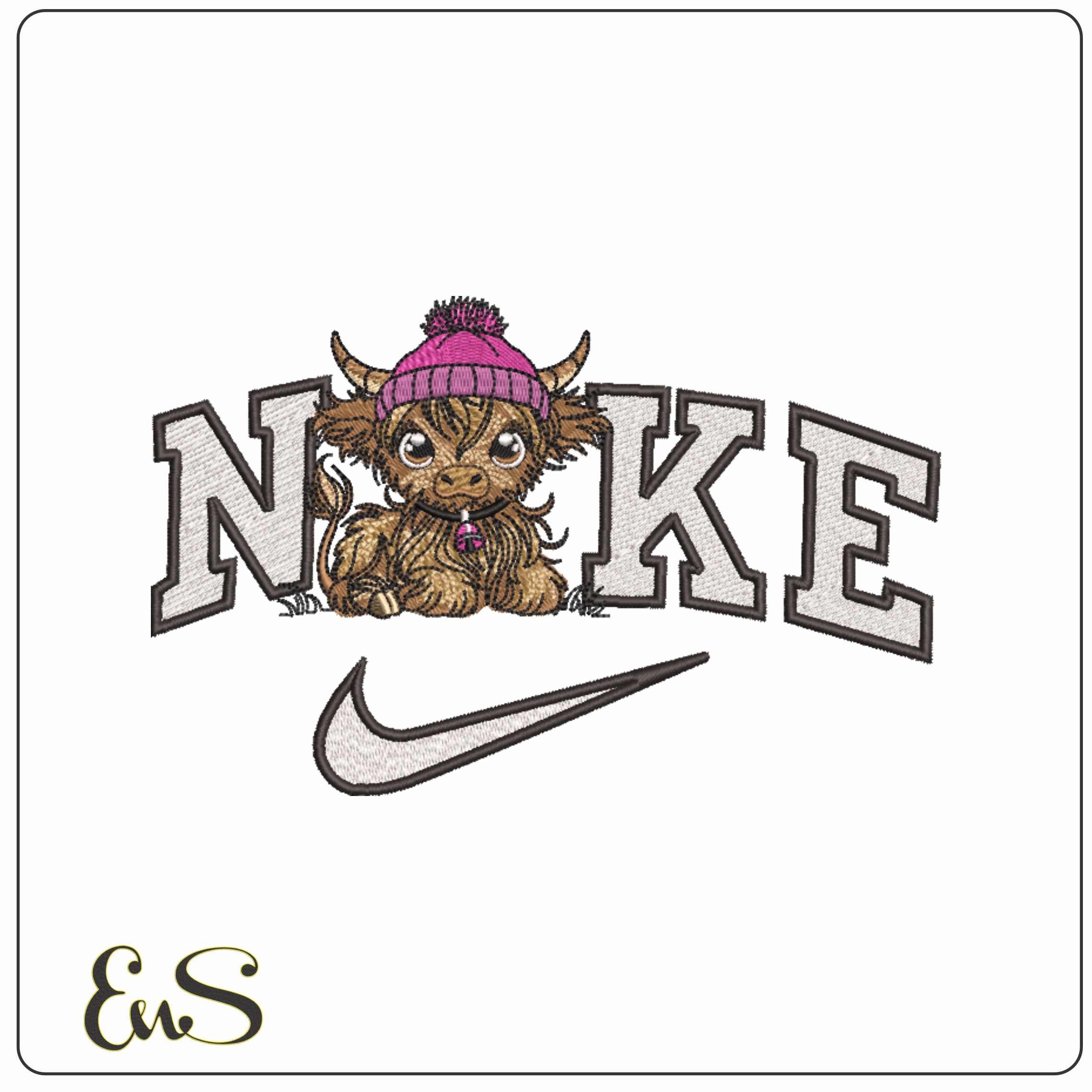 Nike Cute Highland Cow with Hat and bell- Elegant embroidery design file - instant download