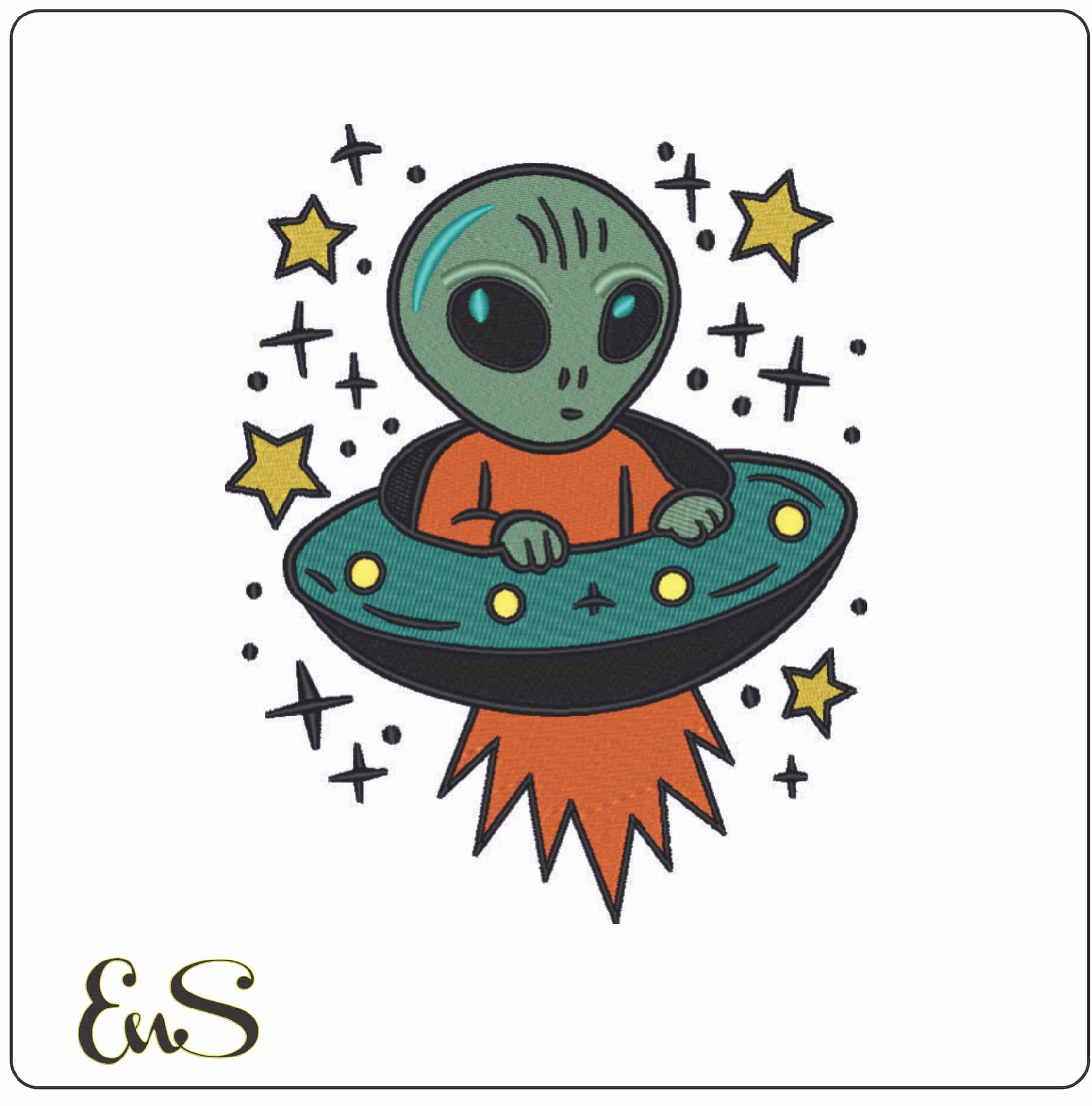 Alien in UFO - Elegant embroidery design file - instant download