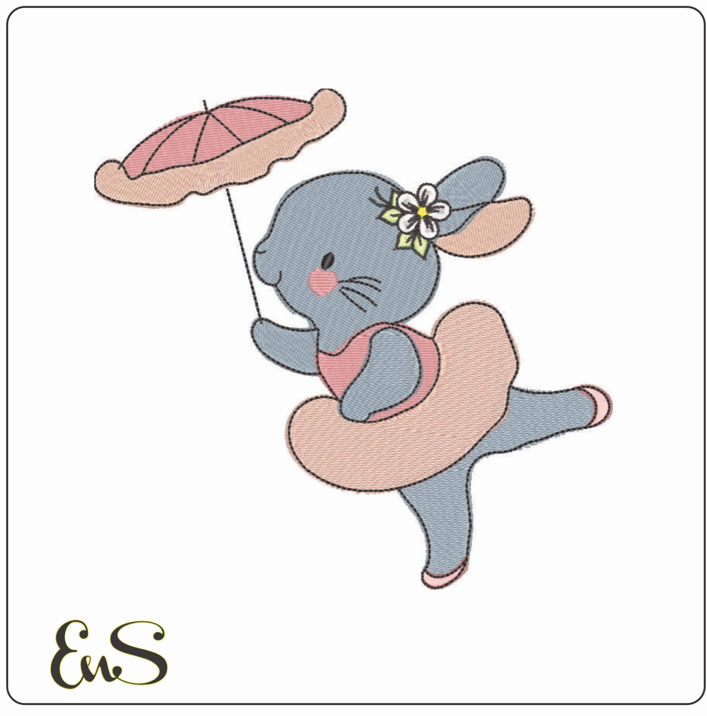 Baby Bunny Ballerina with Umbrella - Elegant embroidery design file - instant download