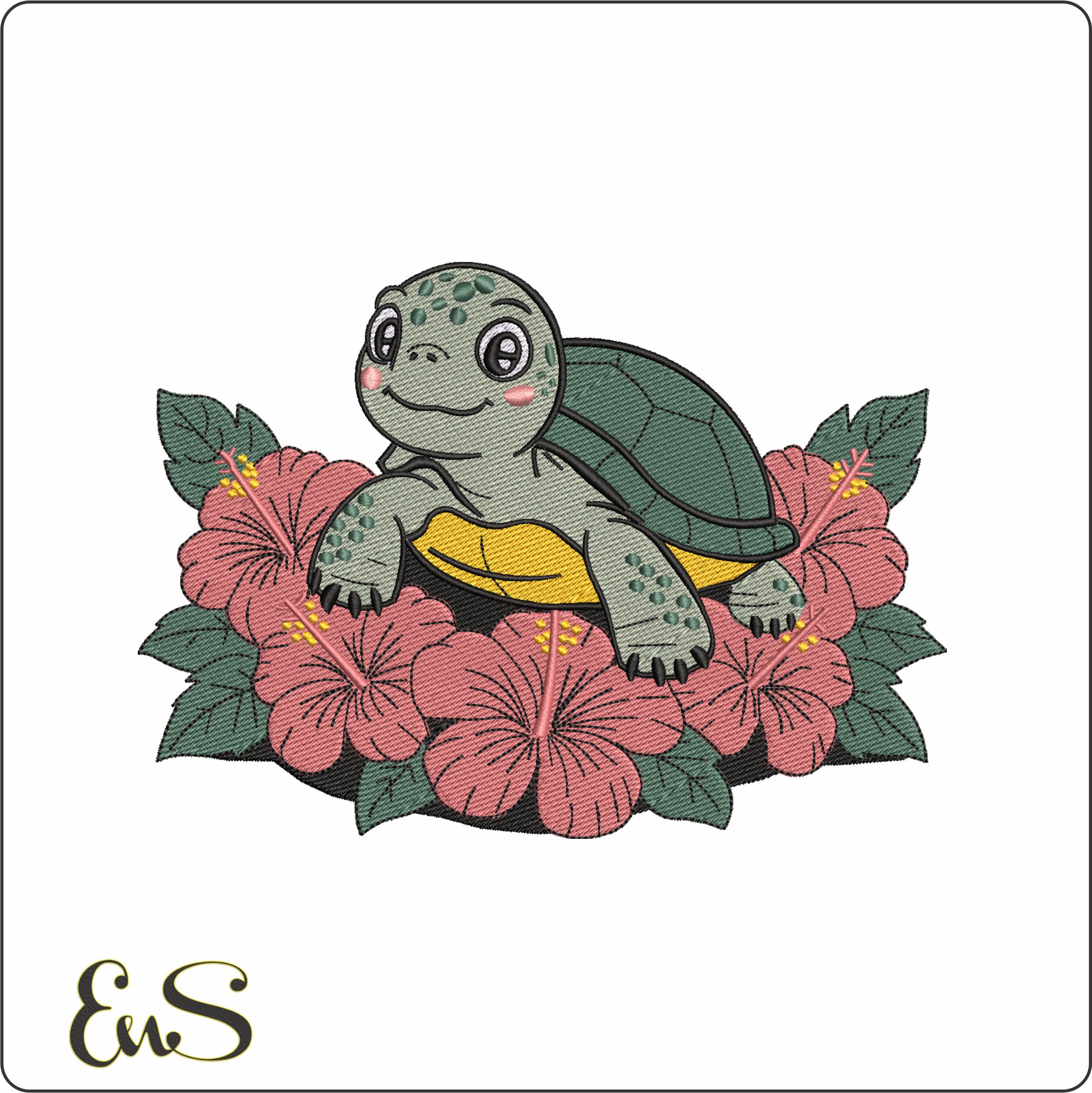 Baby turtle in the flowers - Elegant embroidery design file - instant download