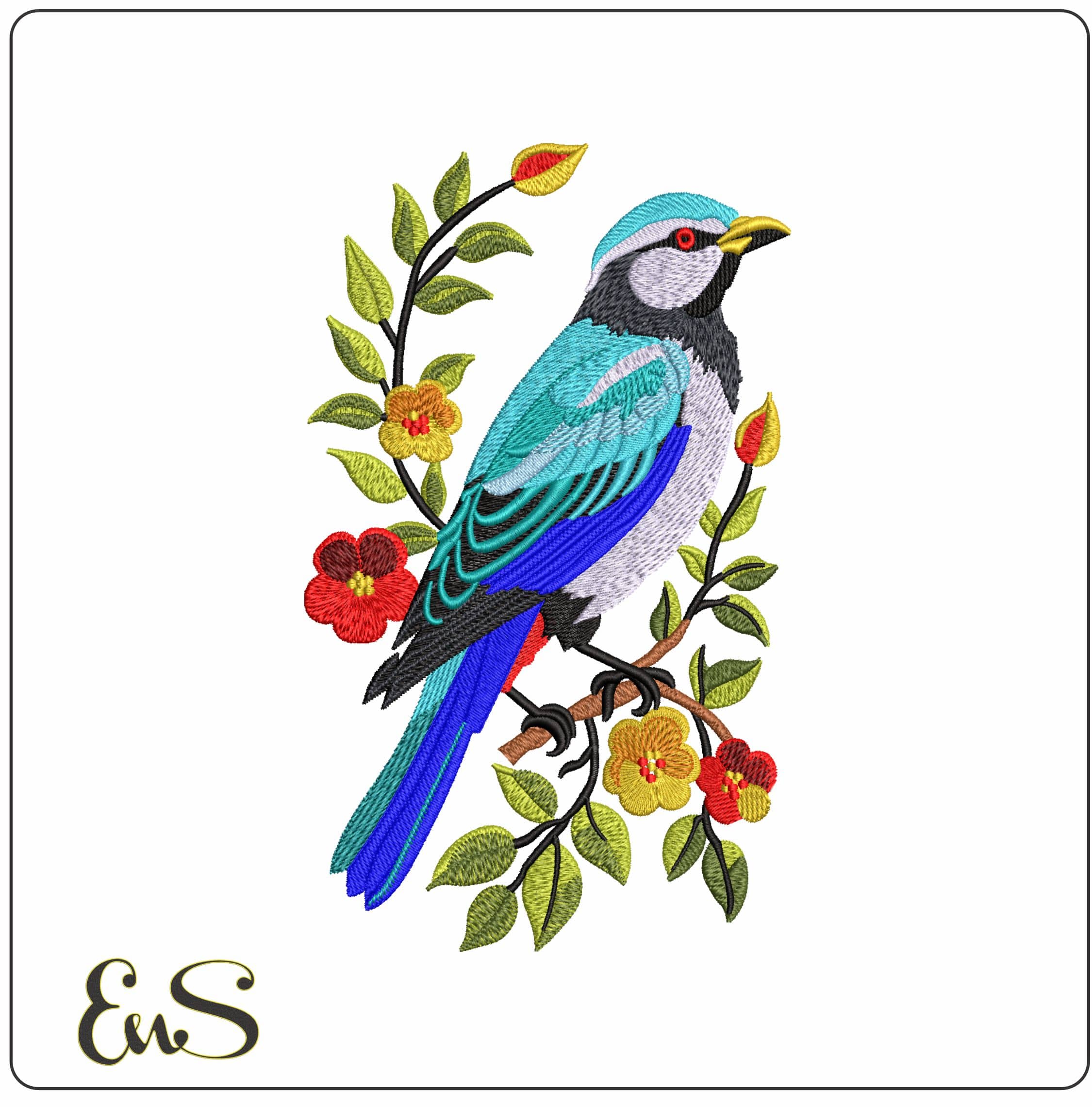 Blue bird in branch- Elegant embroidery design file - instant download