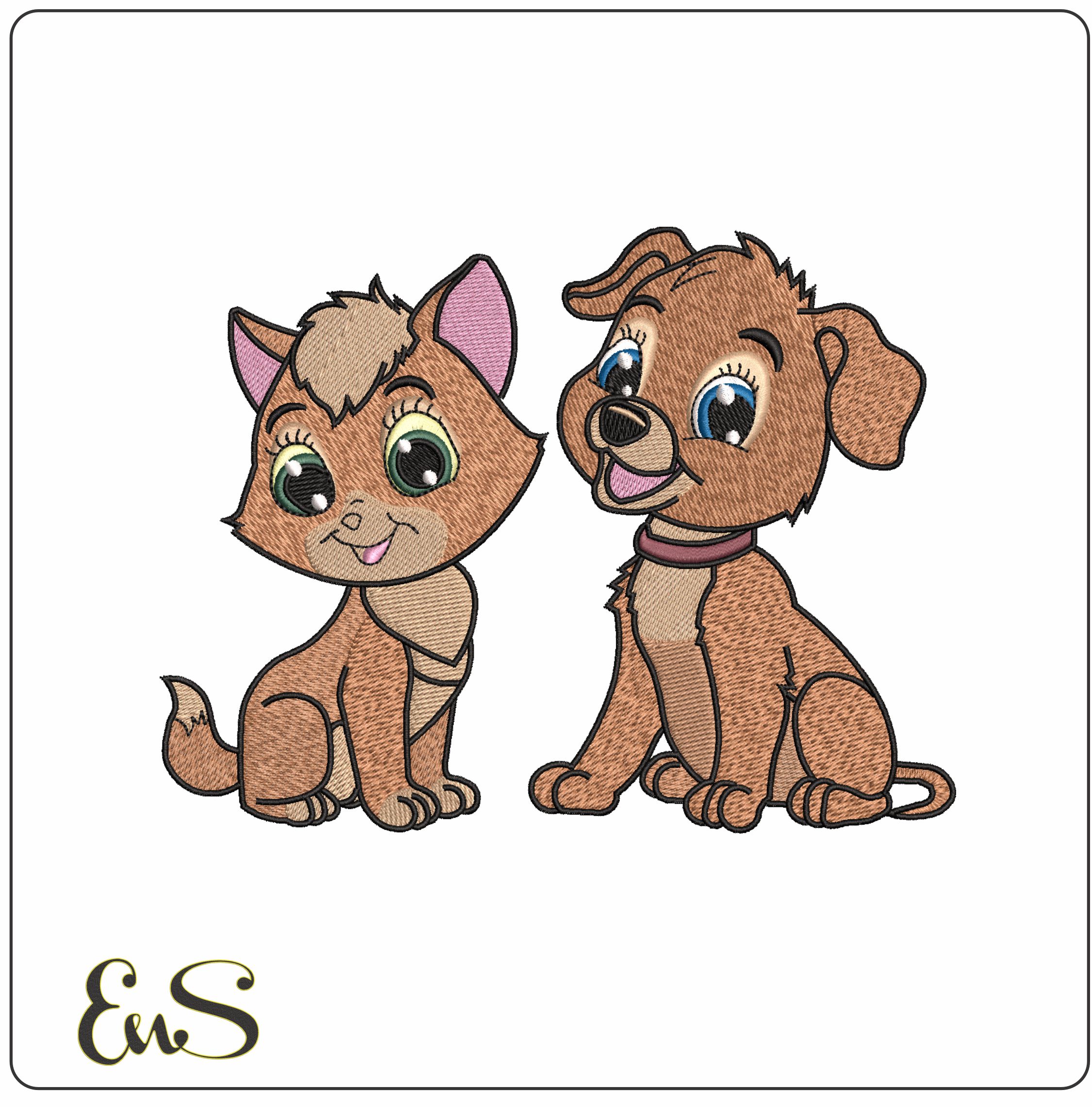 Cute Cat and Dog Friends - Elegant embroidery design file - instant download