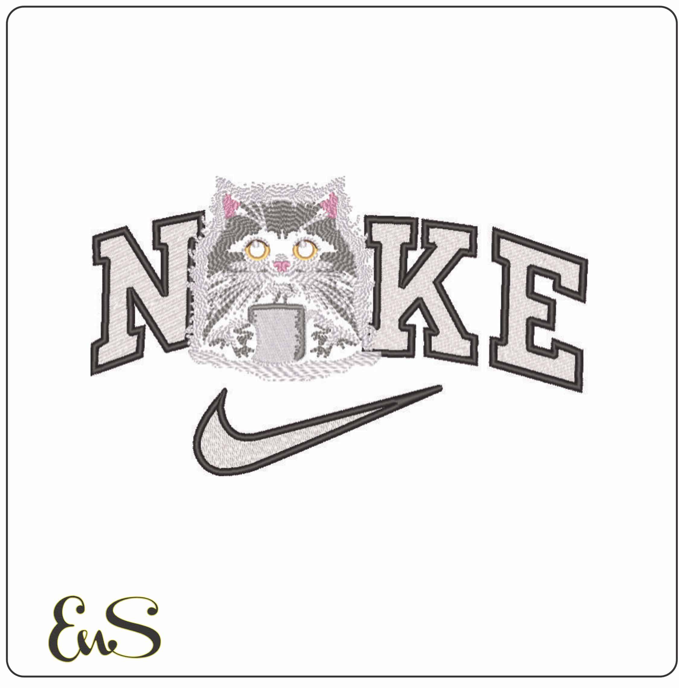 Nike Cat with Cup of Coffee - Elegant embroidery design file - instant download
