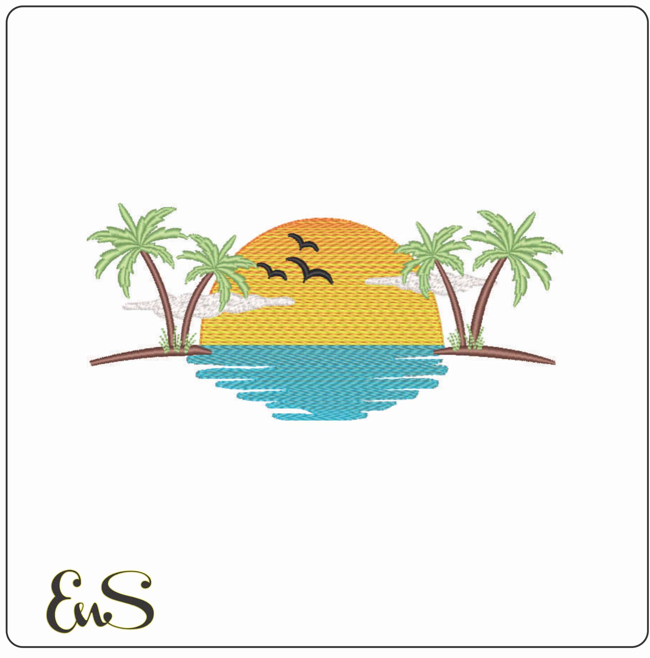 Sunset Over Desert Island- Elegant embroidery design file - instant download