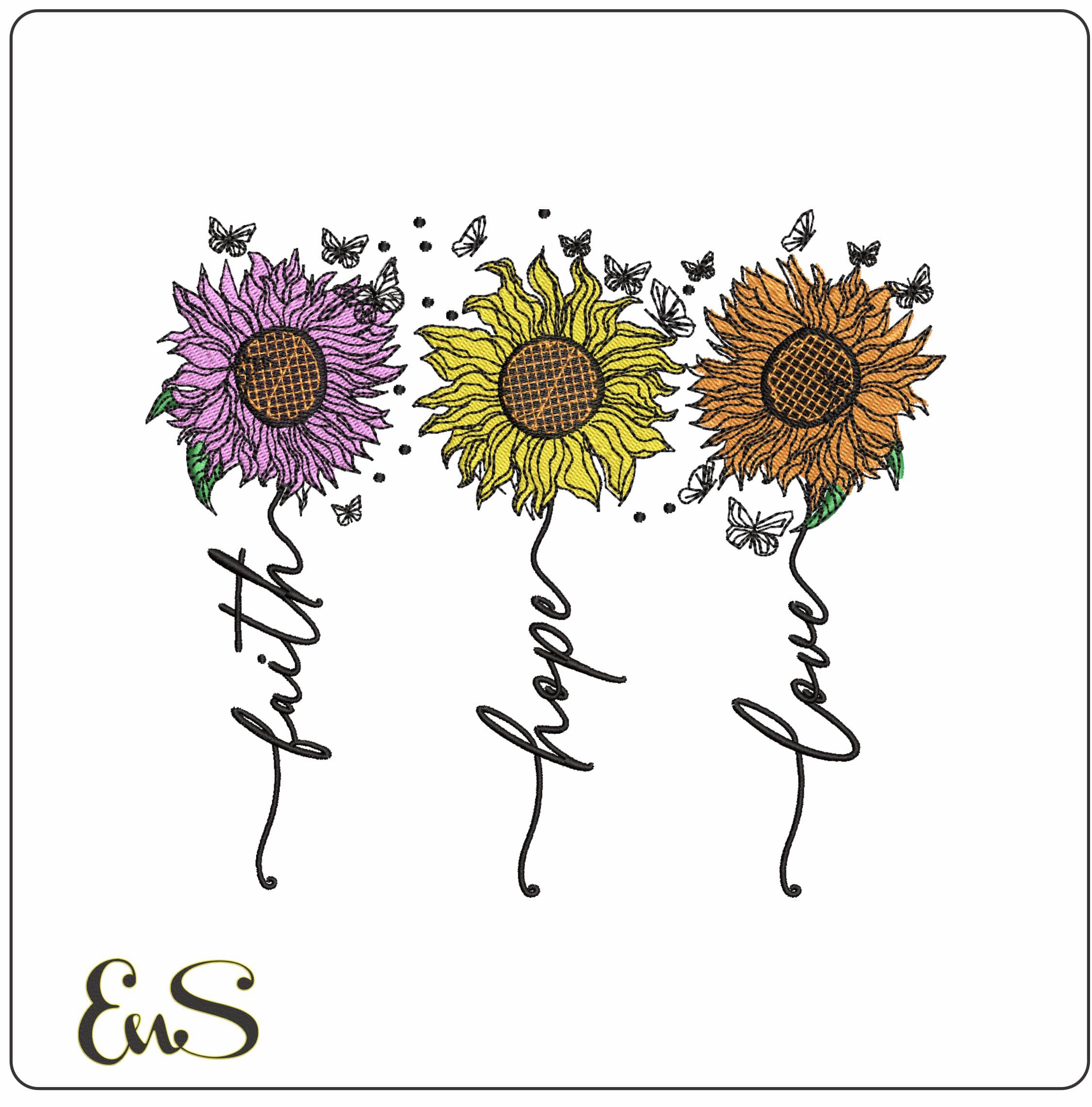 Faith Hope and Love Flowers - Elegant embroidery design file - instant download