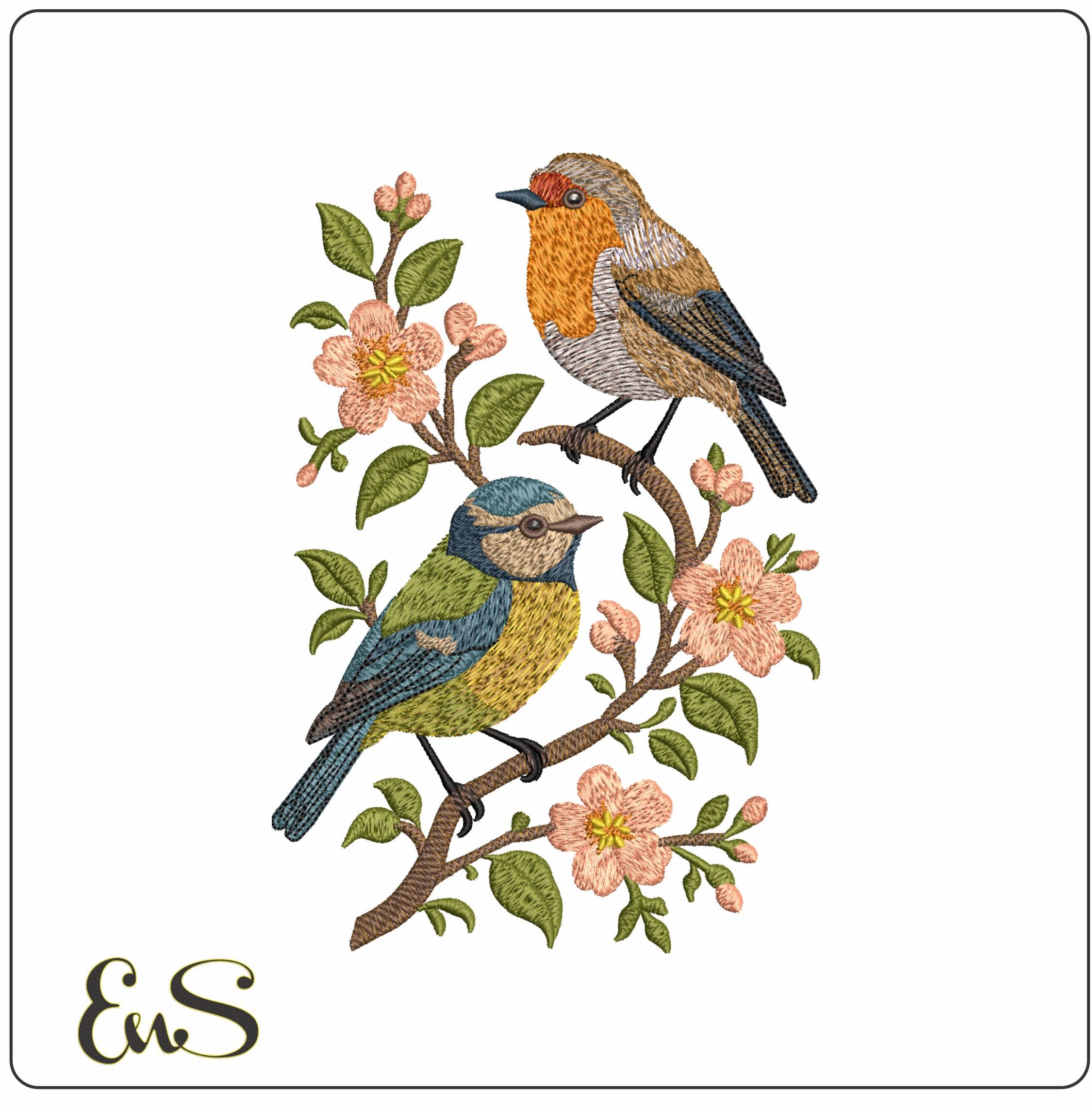 Finches on a Branch - Elegant embroidery design file - instant download