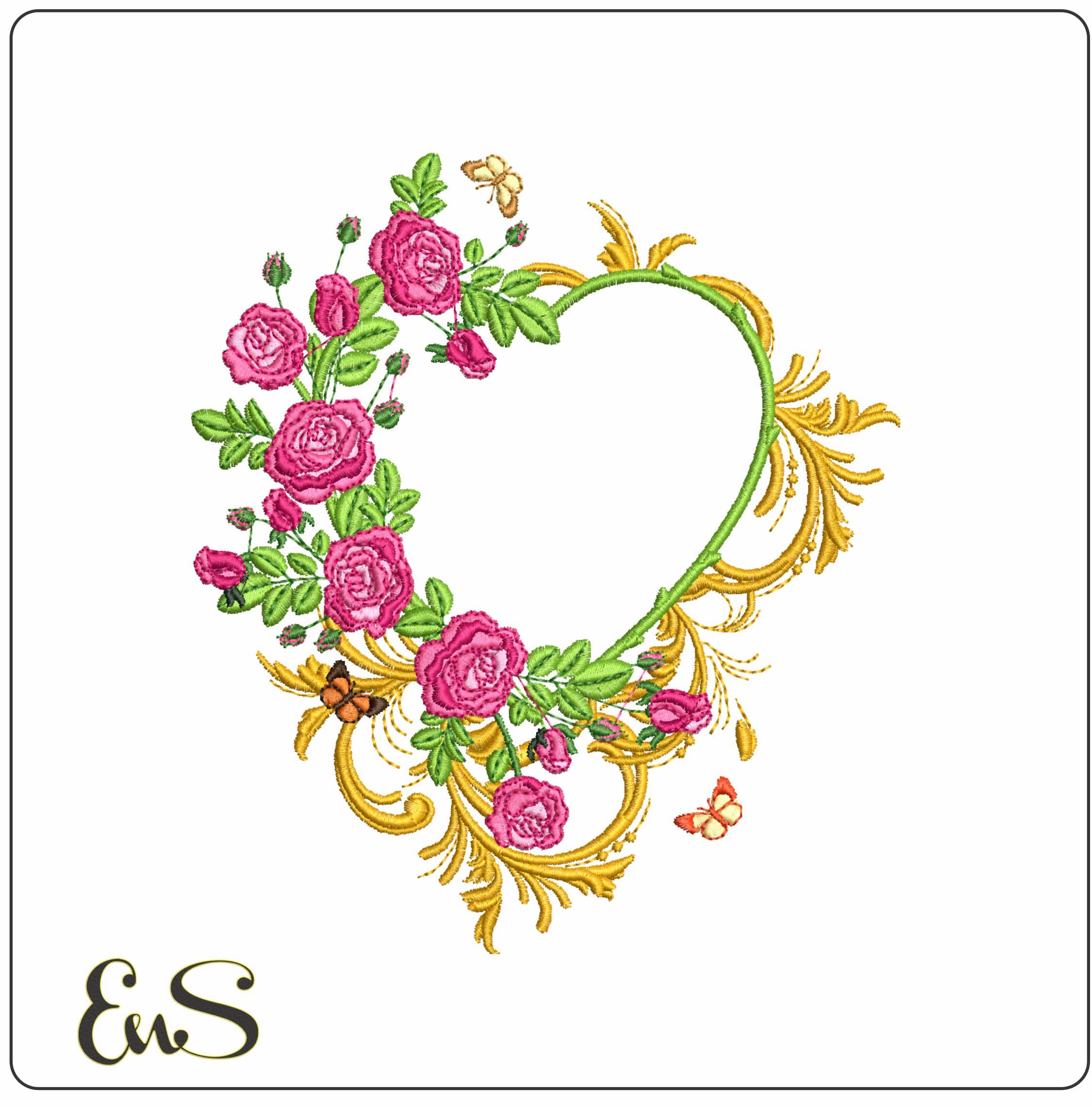 Flowers and Butterfly Heart - Elegant embroidery design file - instant download