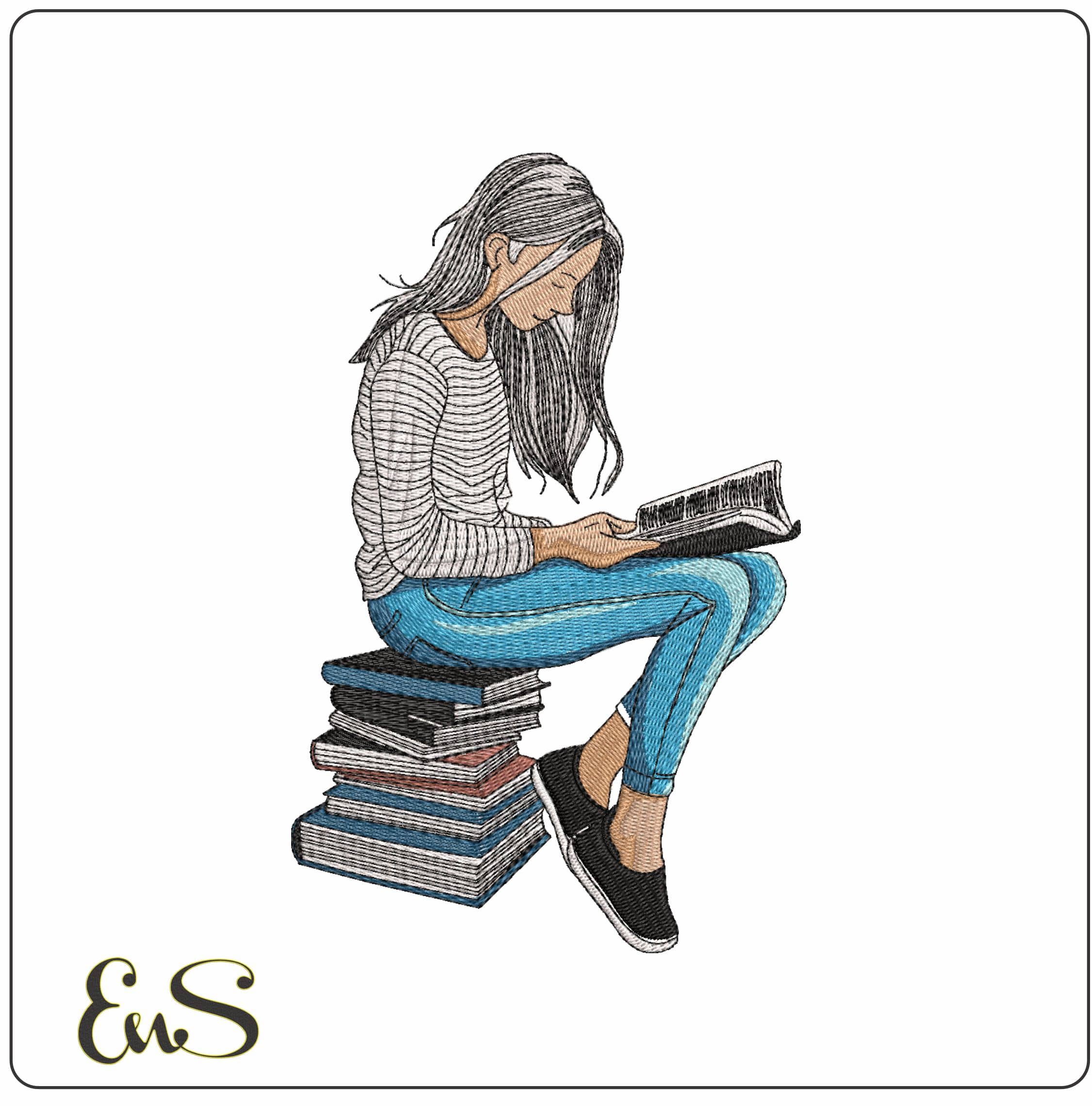 Girl Sitting reading books - Elegant embroidery design file - instant download