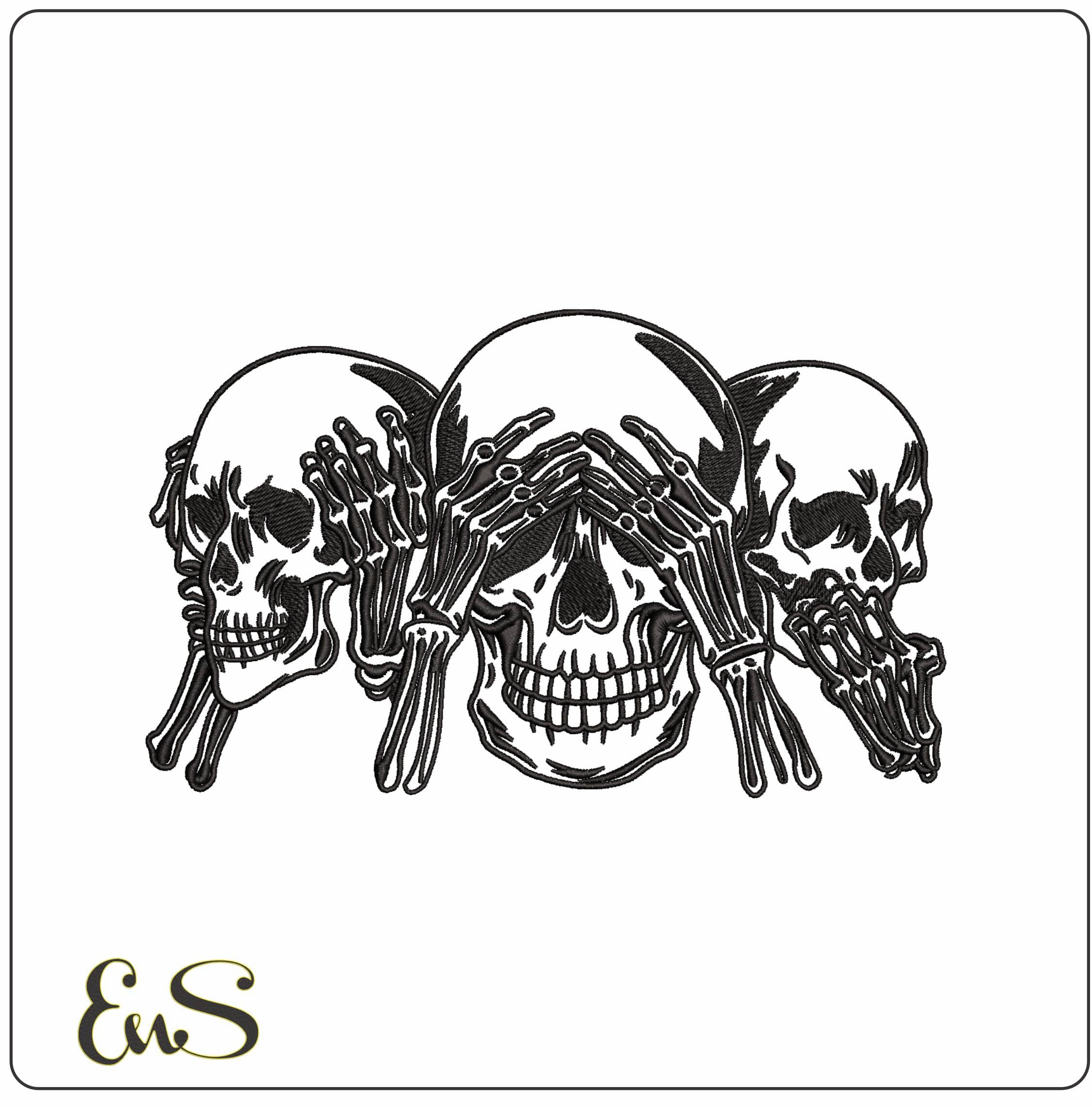 Hear no See no and Speak no Evil Skulls- Elegant embroidery design file - instant download