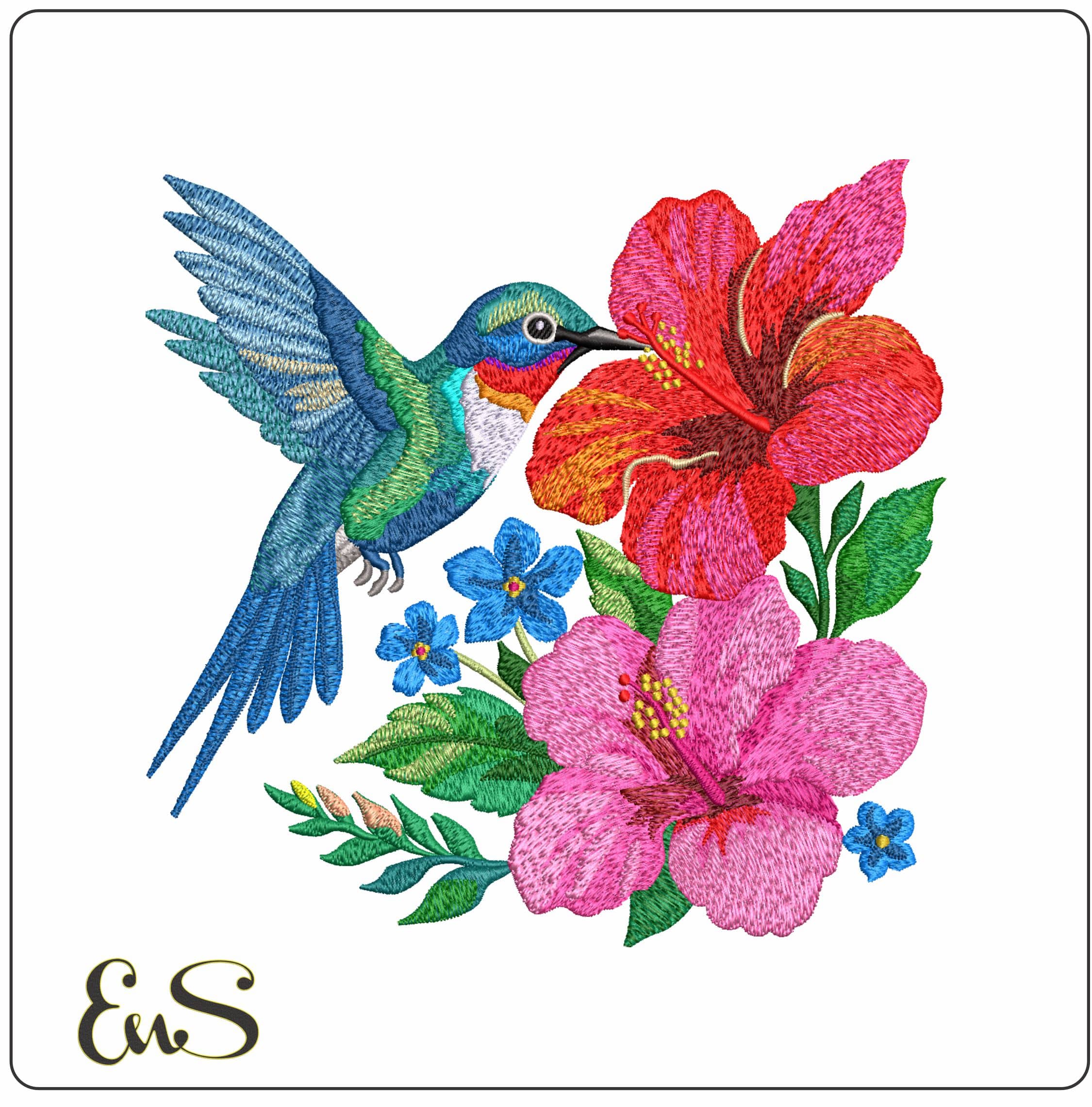Humming Bird and Flowers- Elegant embroidery design file - instant download