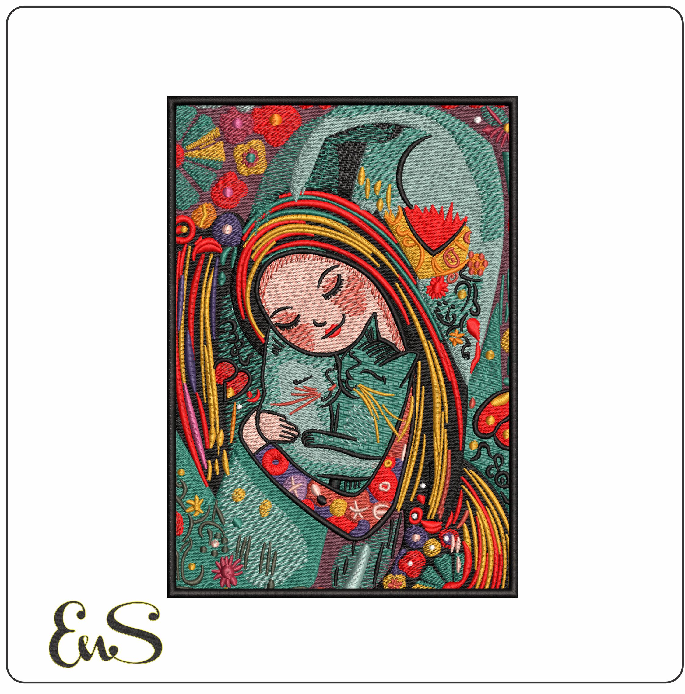 Lady Hugging Cats- Elegant embroidery design file - instant download
