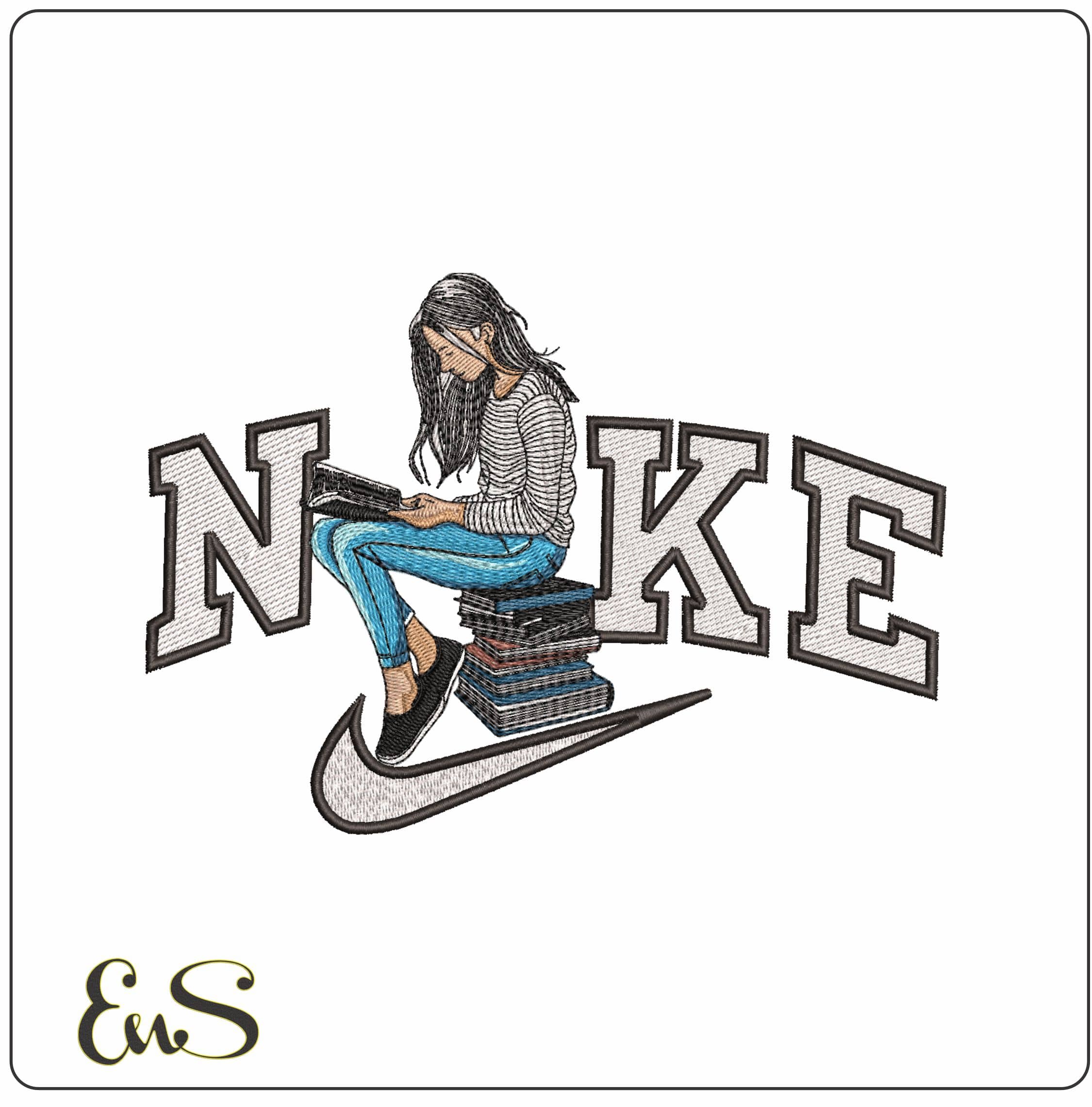 Nike Girl Sitting reading books- Elegant embroidery design file - instant download