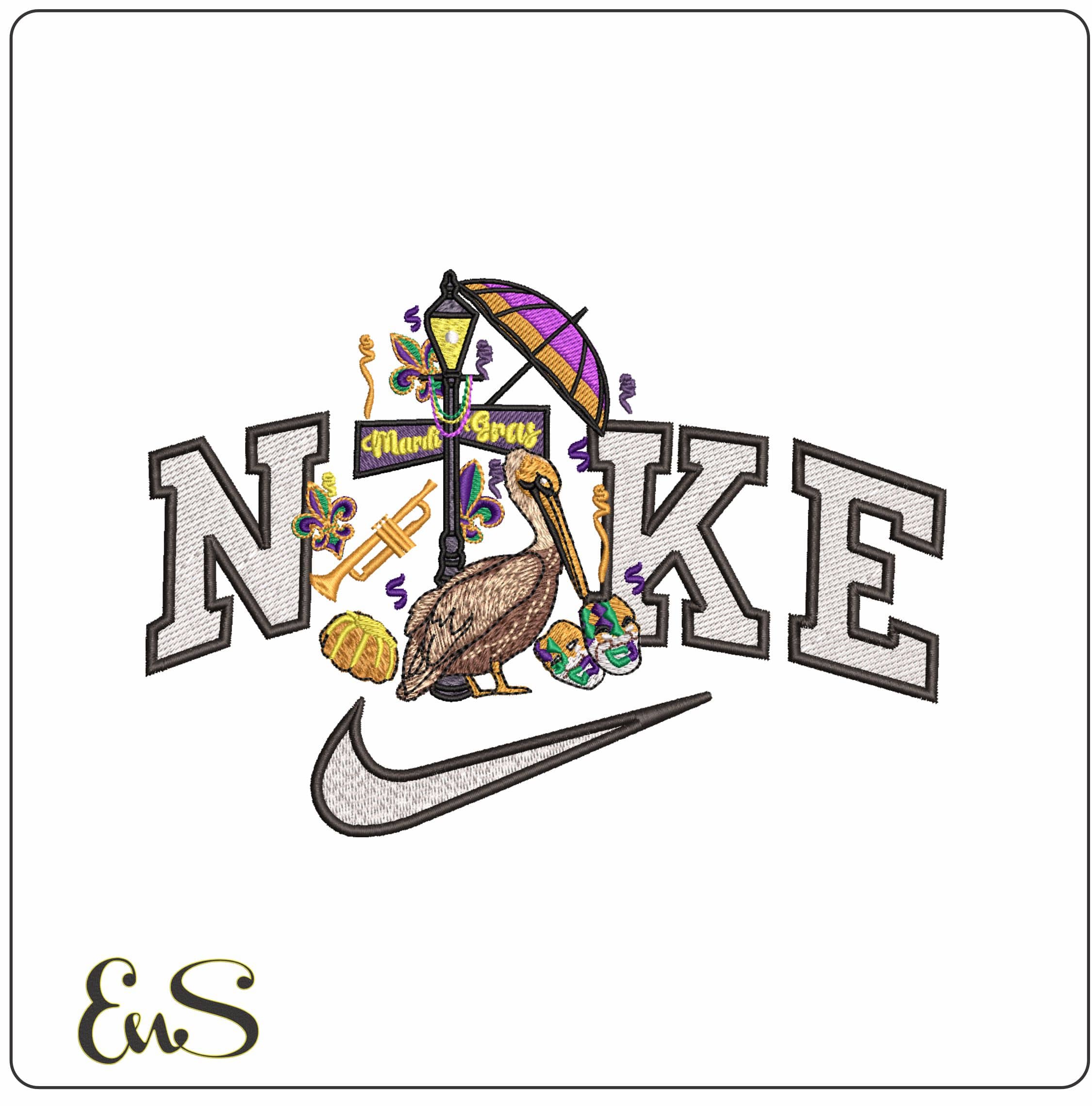 Nike New Orleans Mardi Gras Pelican- Elegant embroidery design file - instant download