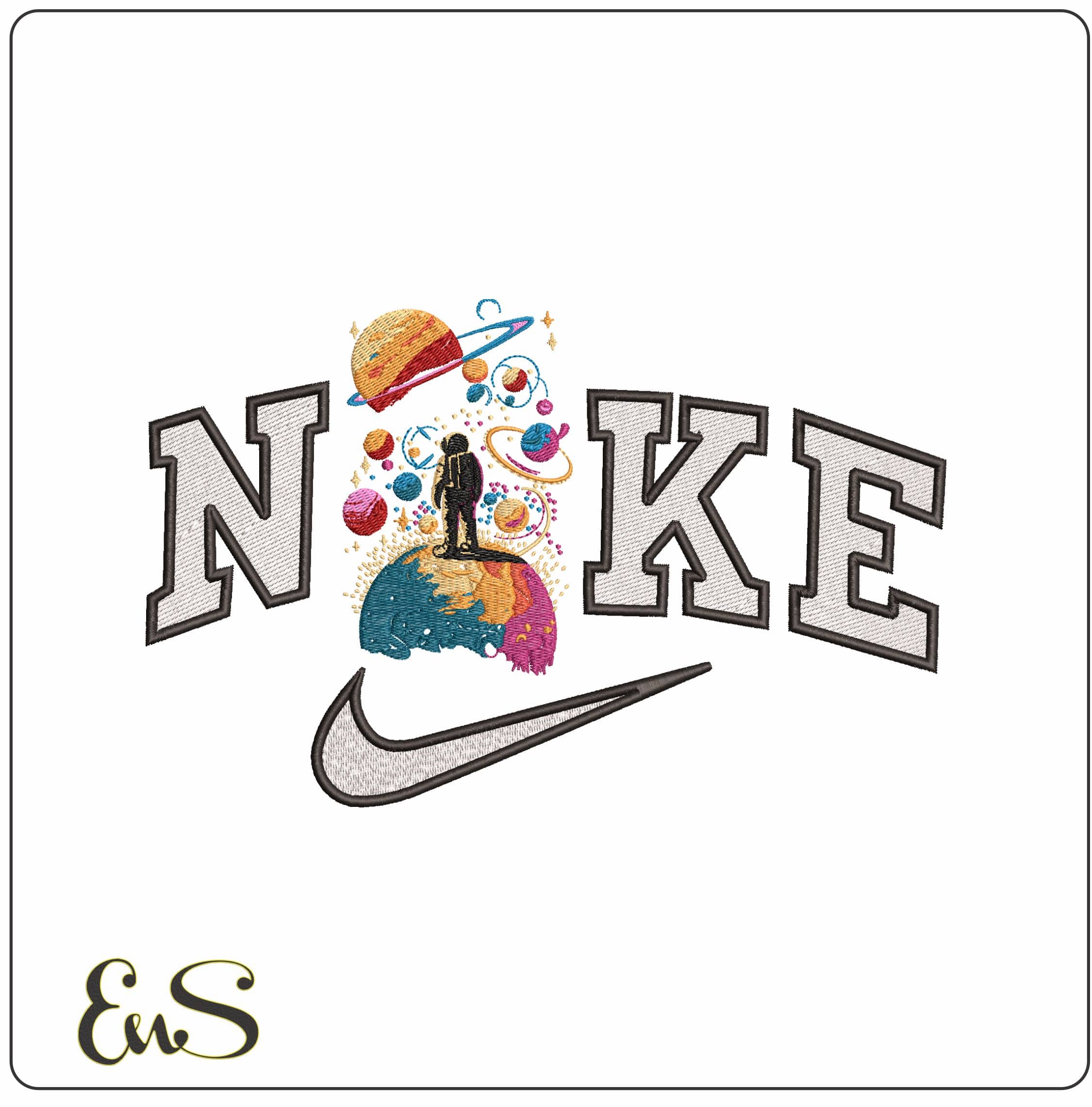 Nike Stylized looking at the Solar System- Elegant embroidery design file - instant download