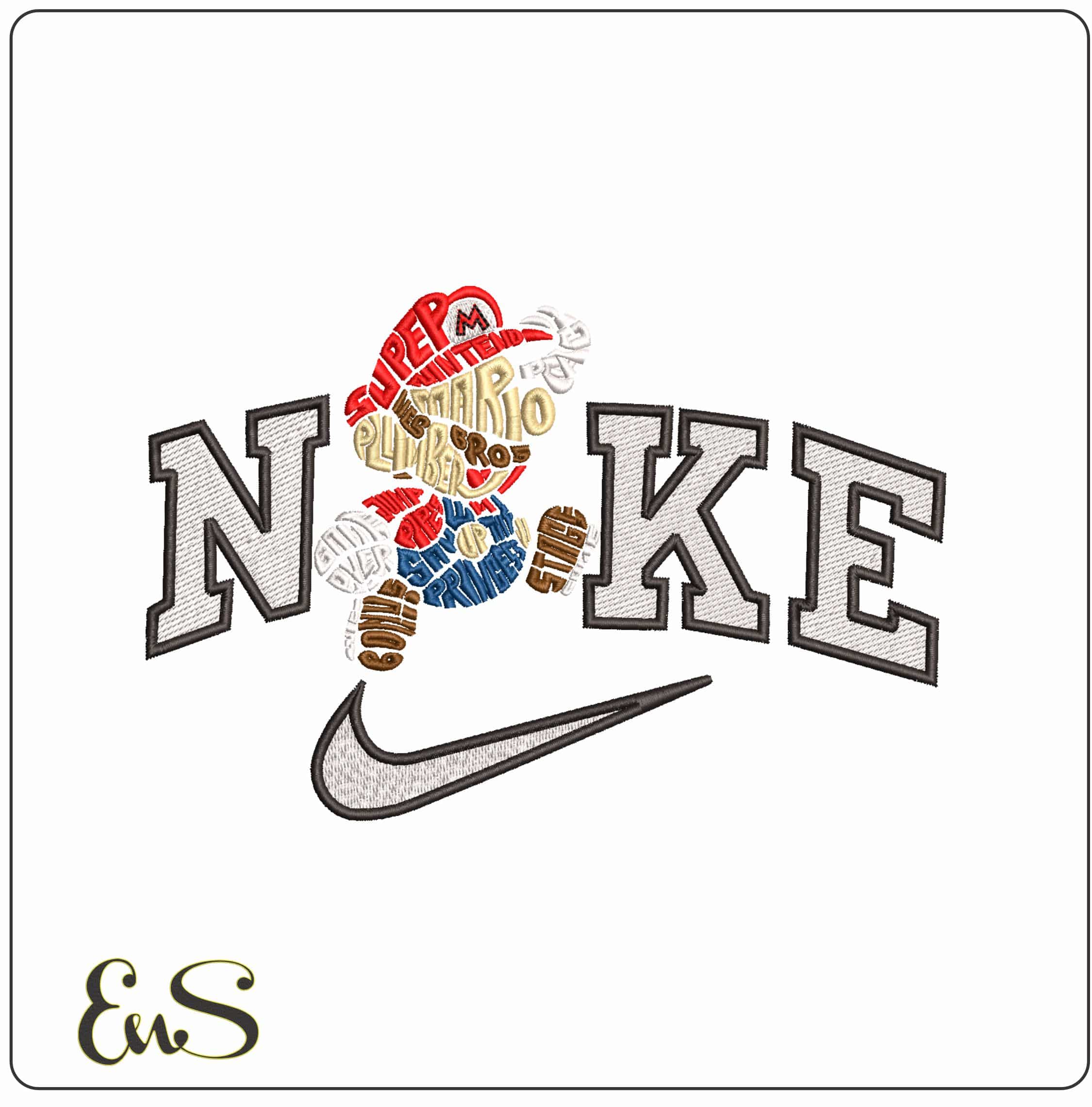 Nike Super Mario in Words- Elegant embroidery design file - instant download