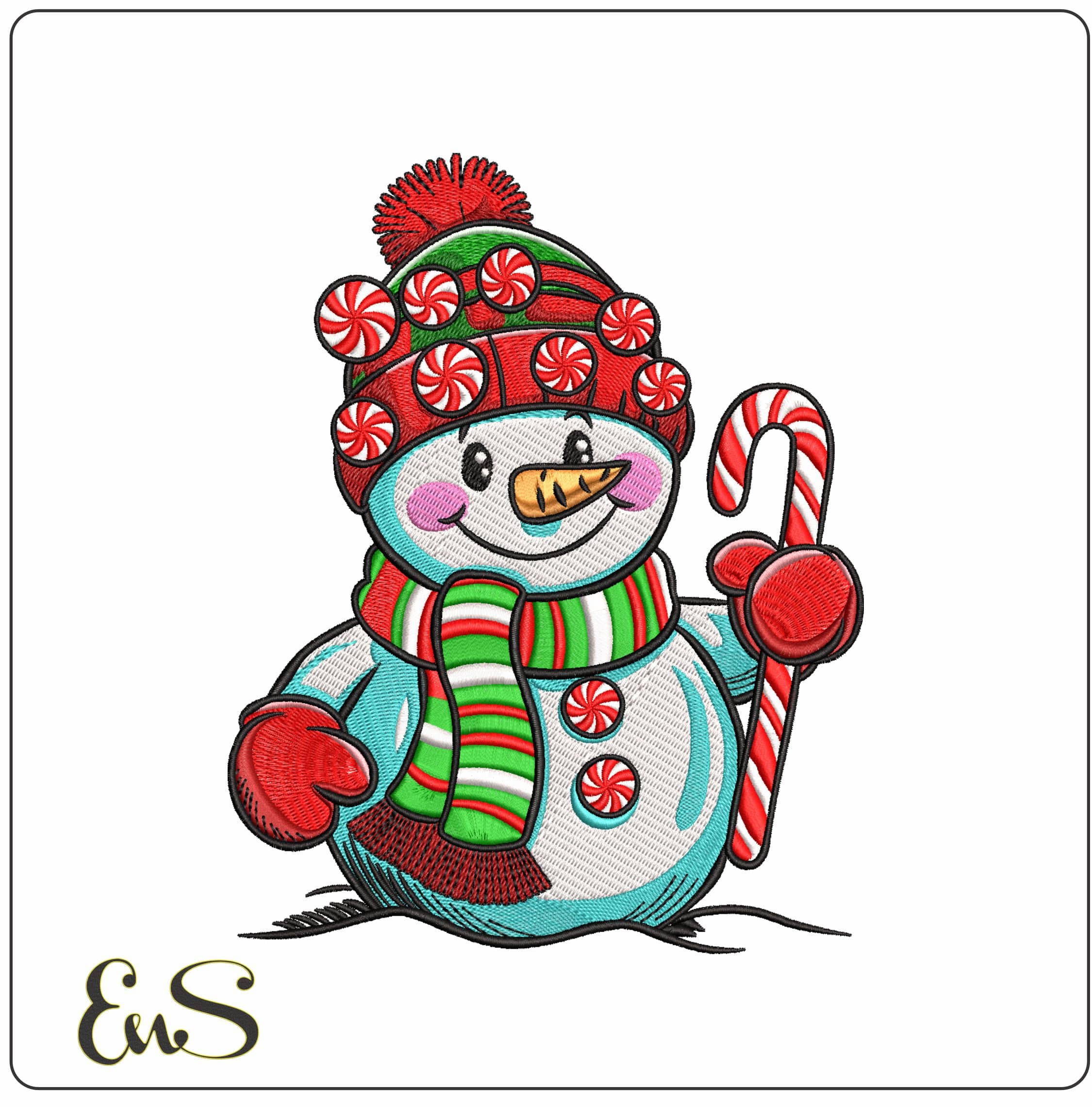 Snowman with Candy Cane - Elegant embroidery design file - instant download