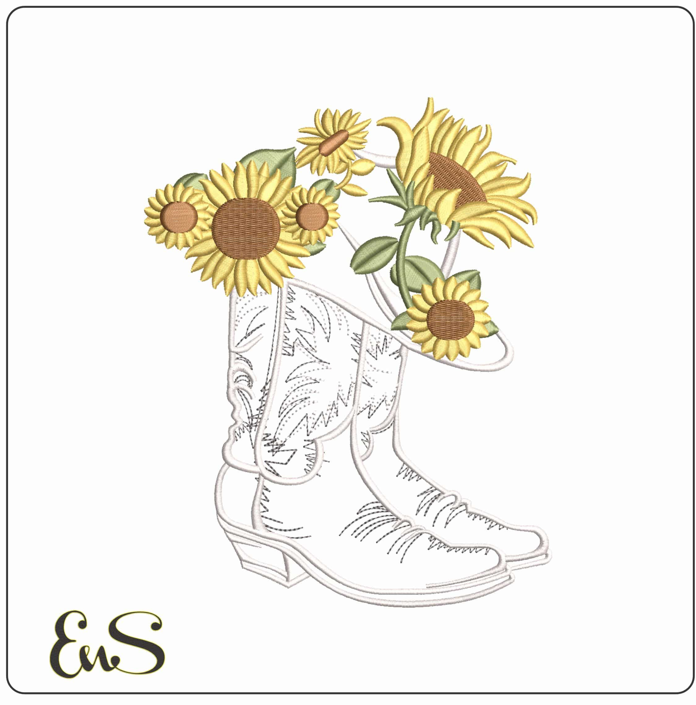 Sunflowers and Boots - Elegant embroidery design file - instant download