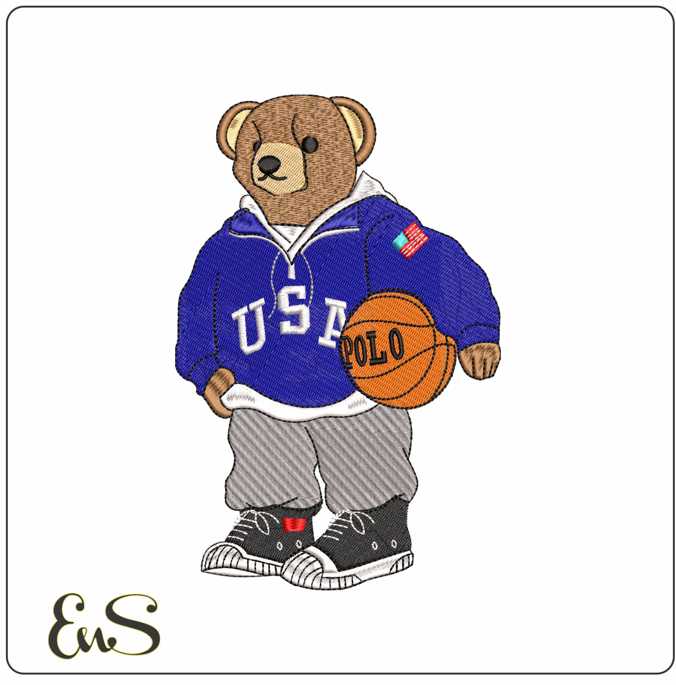 USA Bear with Basketball POLO- Elegant embroidery design file - instant download