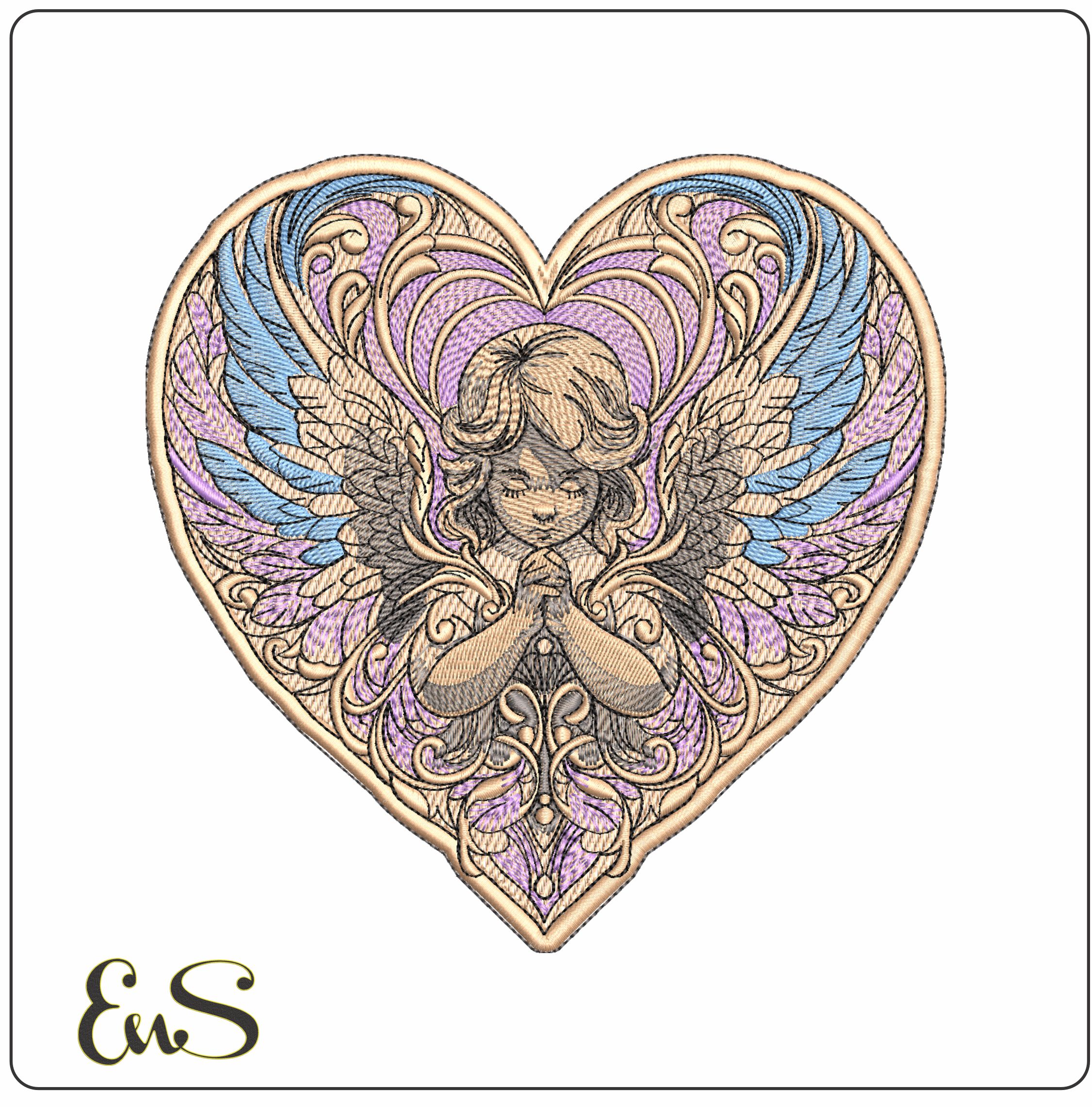 Angel Praying in Heart - Elegant embroidery design file - instant download