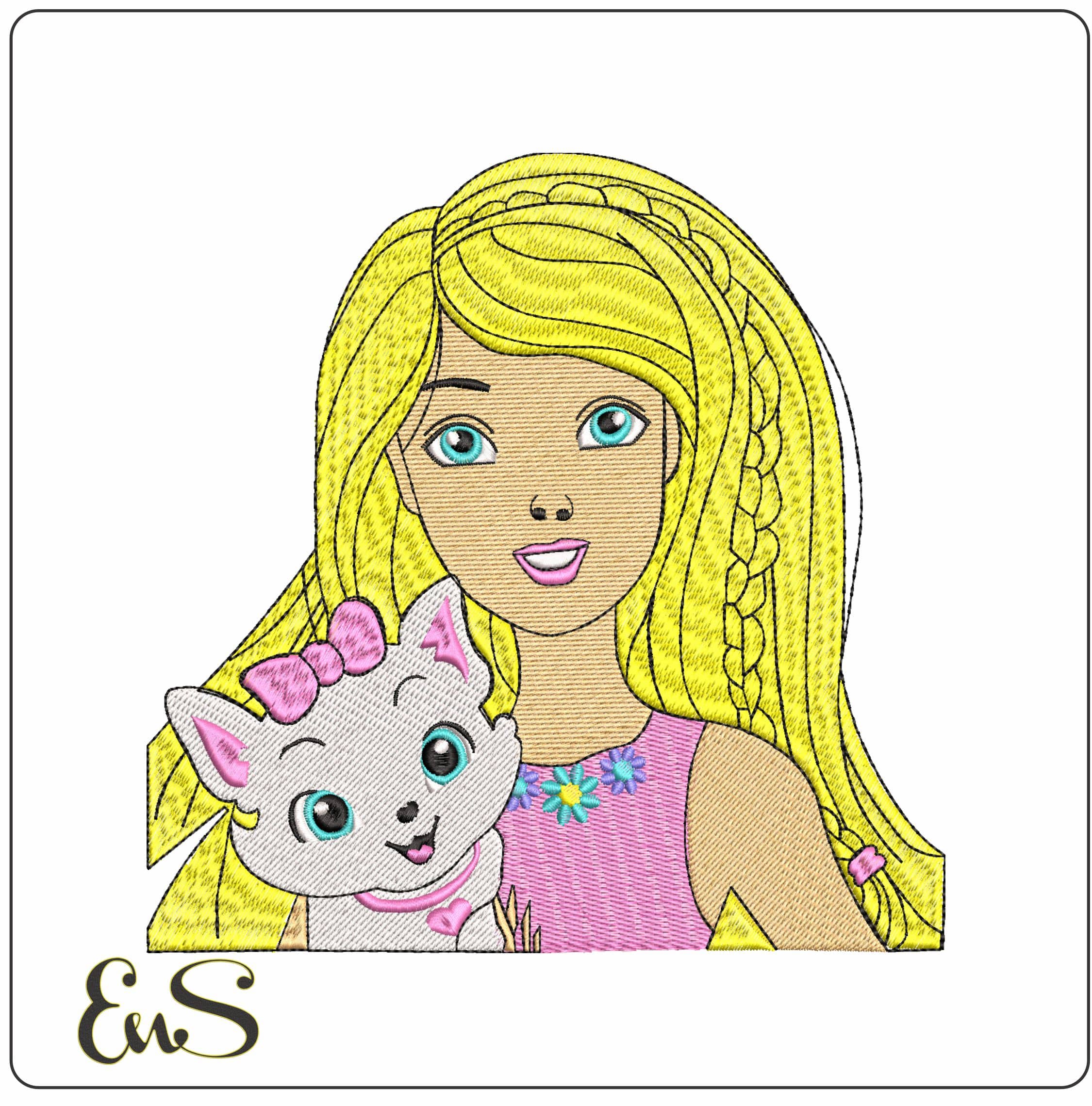 Barbie with Cat- Elegant embroidery design file - instant download
