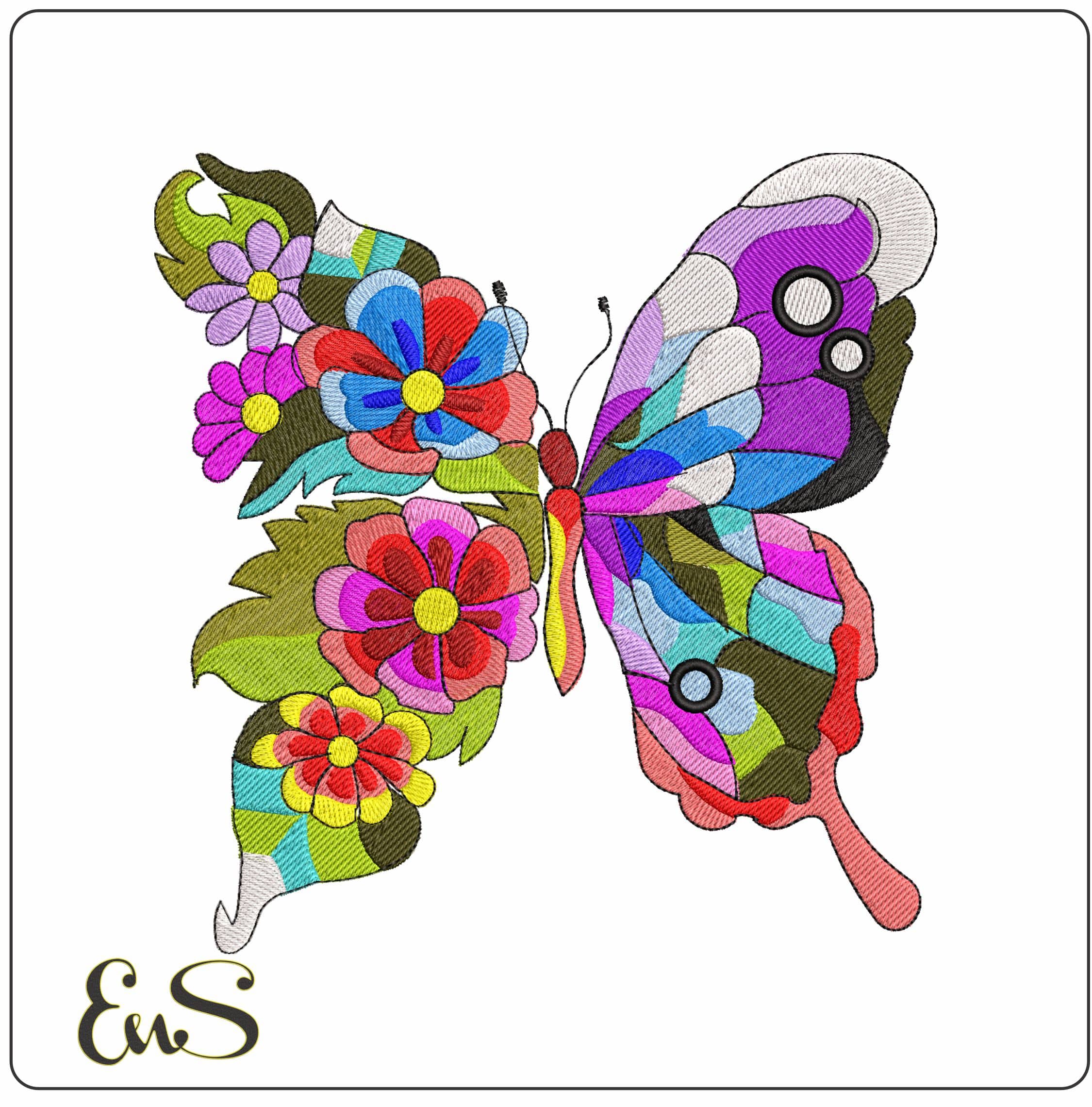 Butterfly colorful and flowers- Elegant embroidery design file - instant download