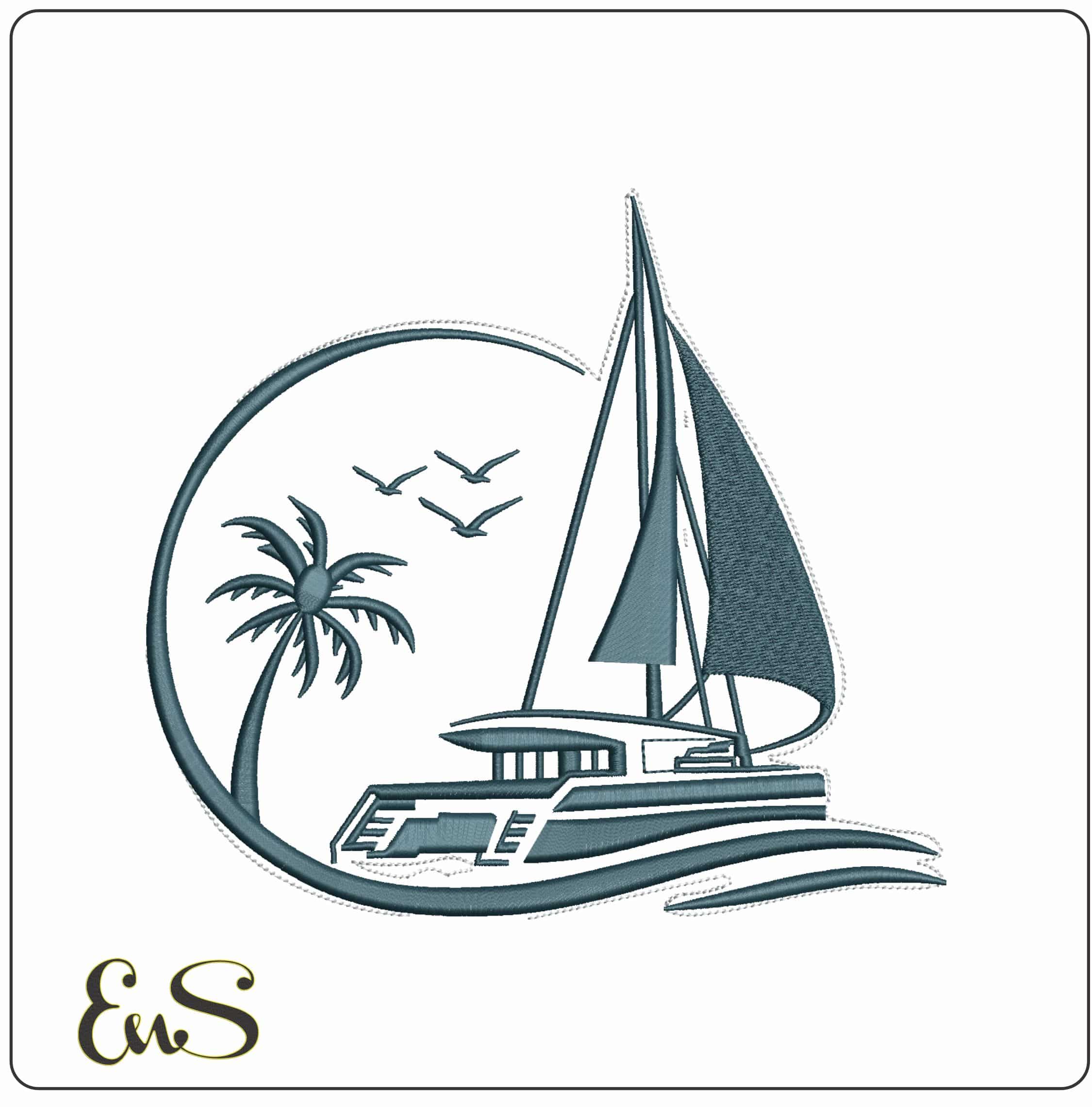 Catamaran With Palm Trees- Elegant embroidery design file - instant download