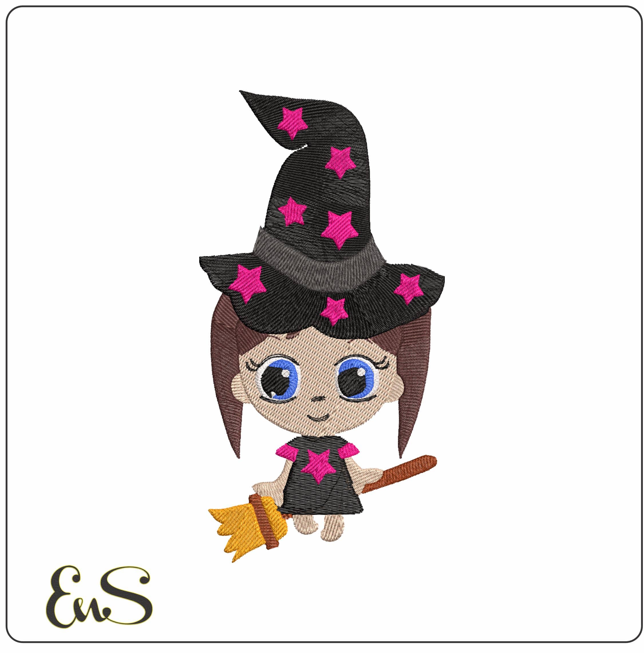 Childrens witch on Broom- Elegant embroidery design file - instant download