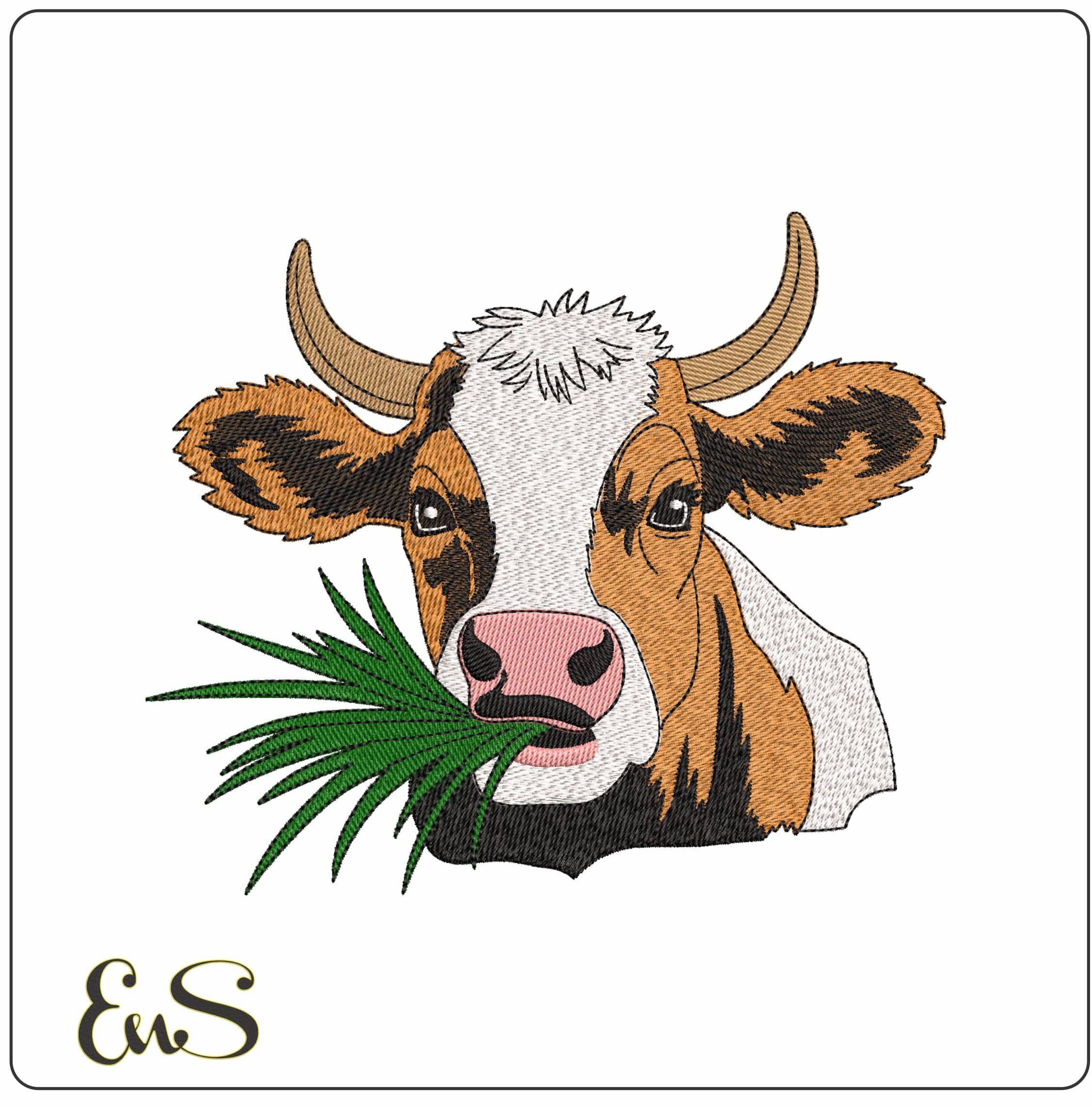 Cow eating Grass- Elegant embroidery design file - instant download