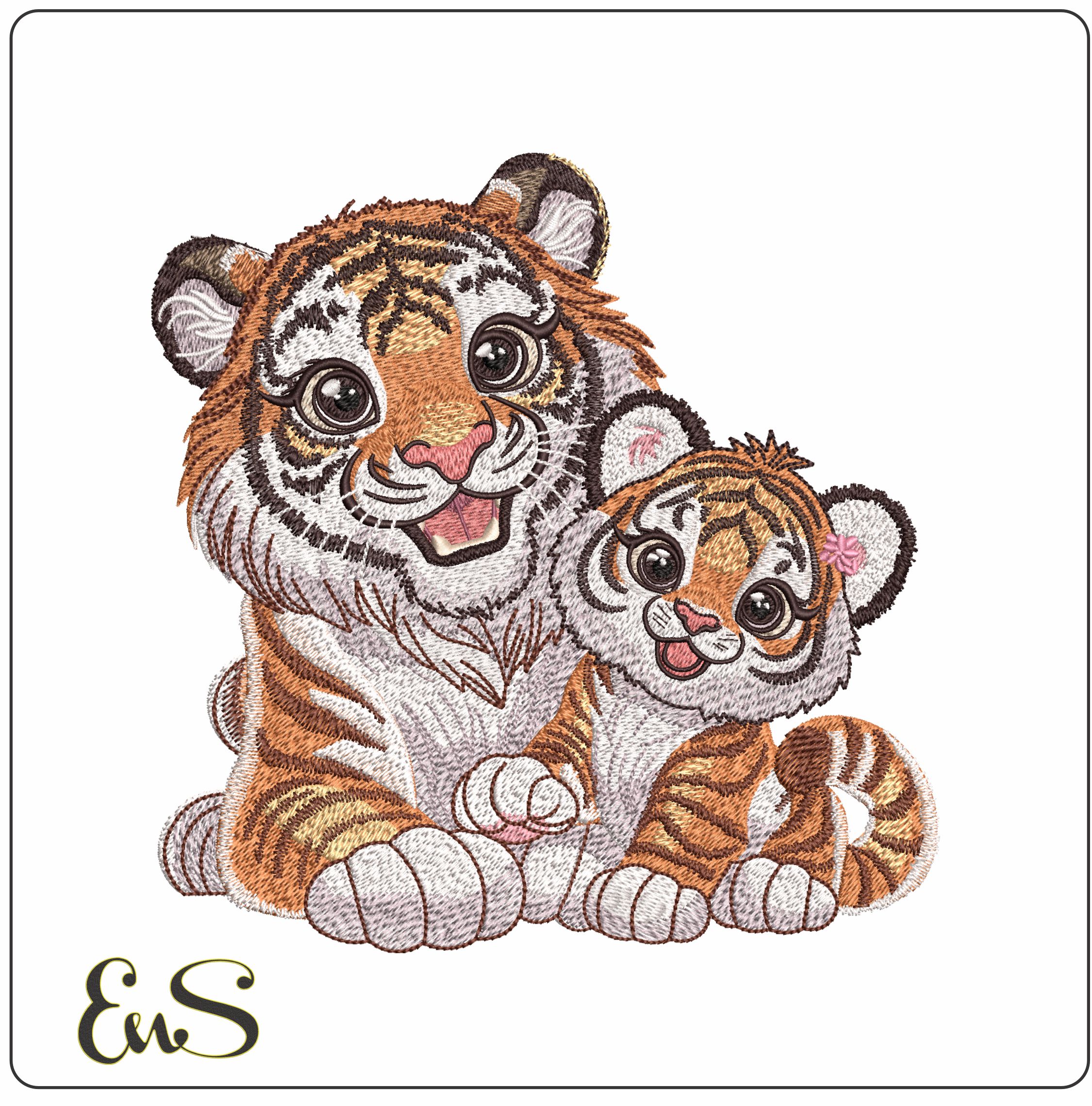 Cute Mummy and Baby Tiger- Elegant embroidery design file - instant download