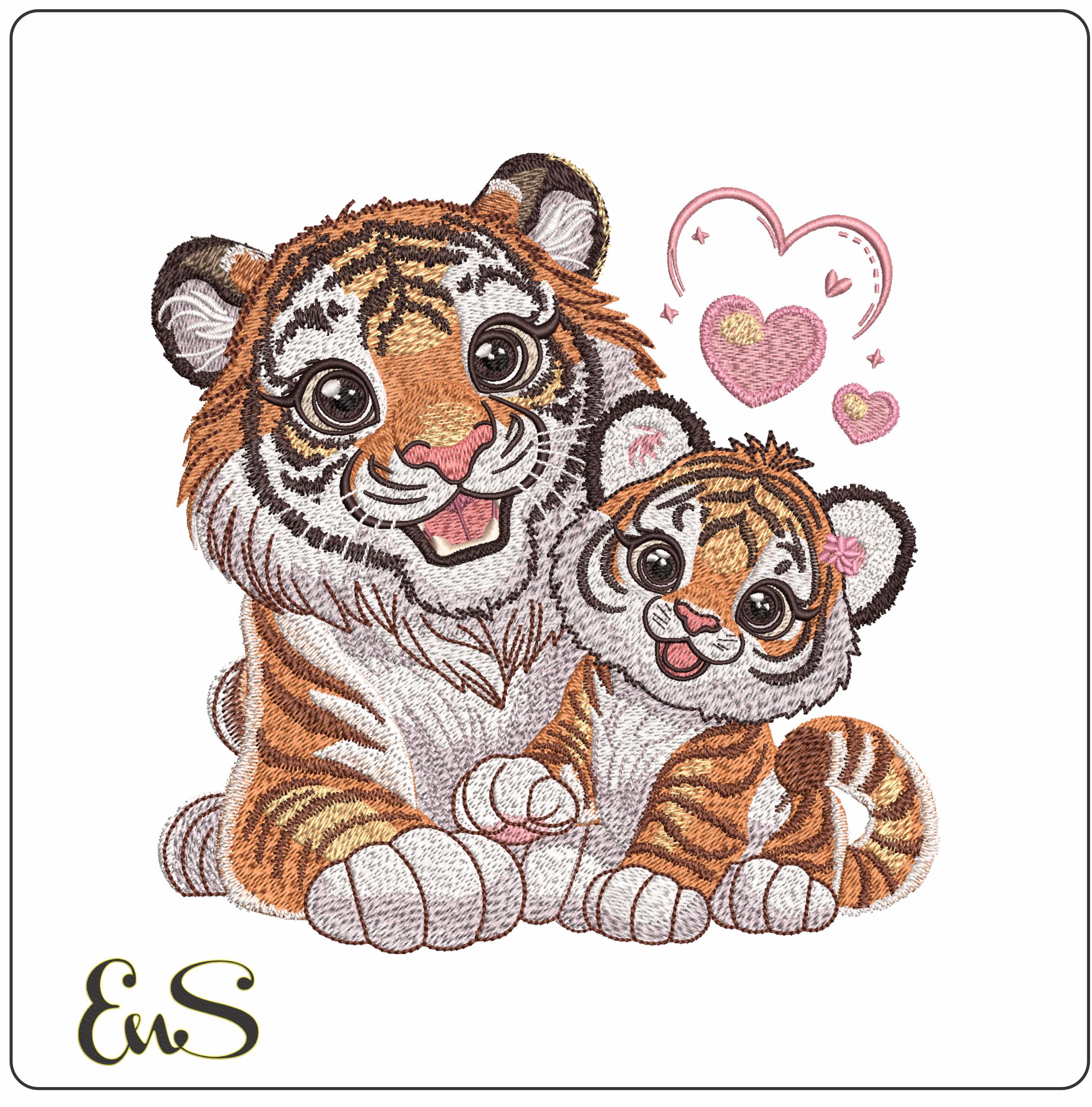 Cute Mummy and Baby Tiger with Hearts- Elegant embroidery design file - instant download