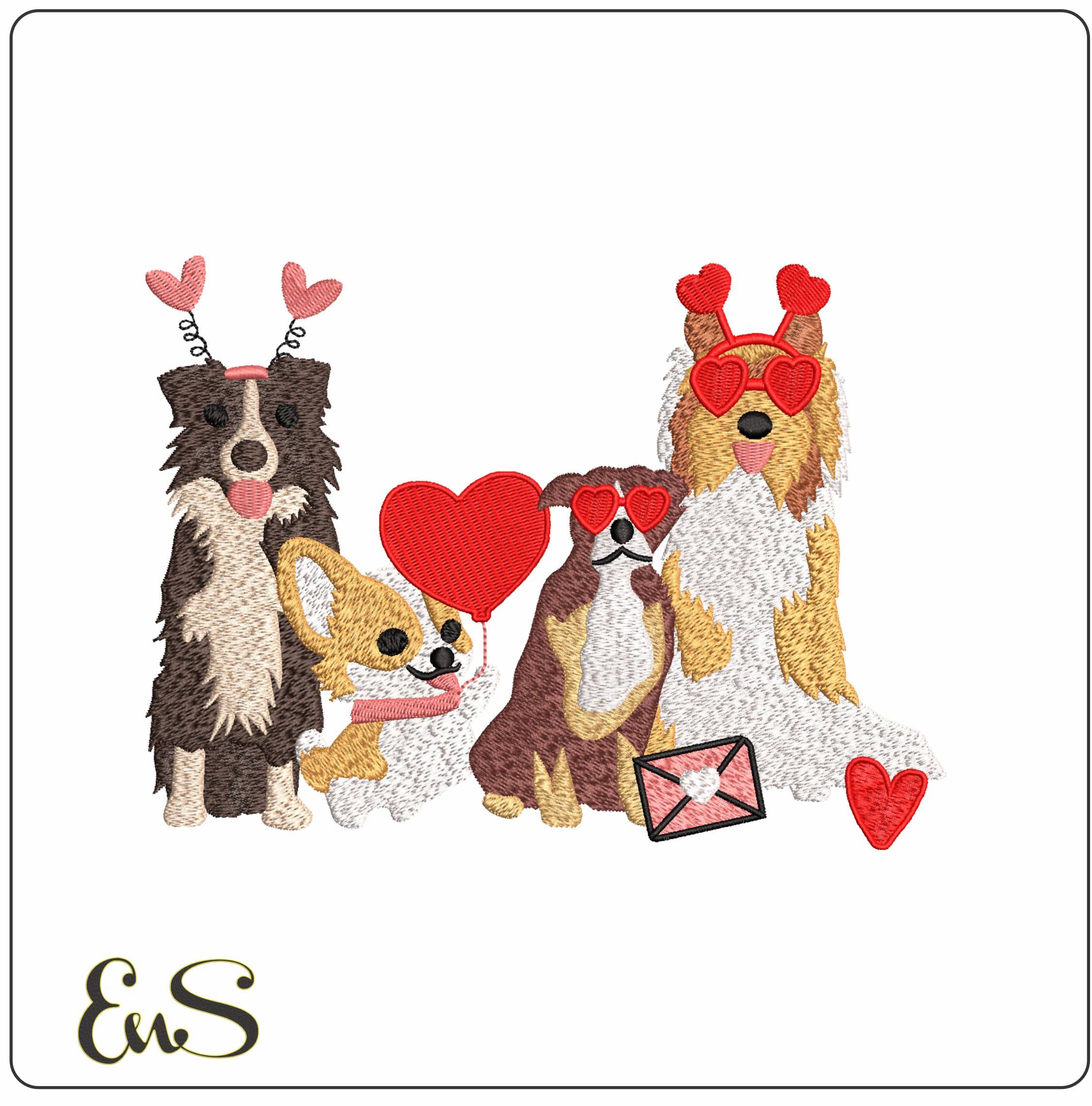 Dogs with Love Hearts- Elegant embroidery design file - instant download