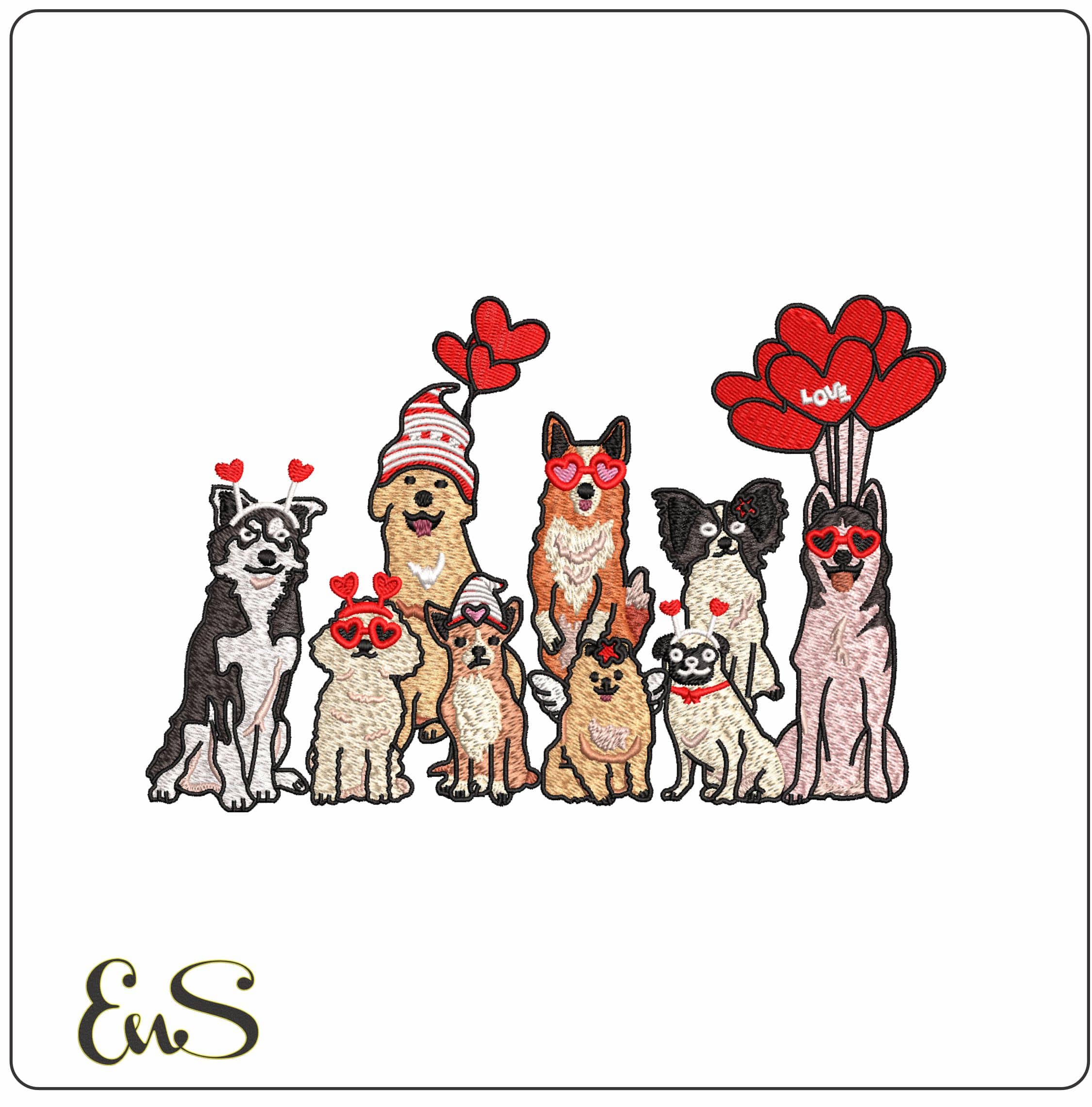 Dogs with Love Hearts and Hat- Elegant embroidery design file - instant download