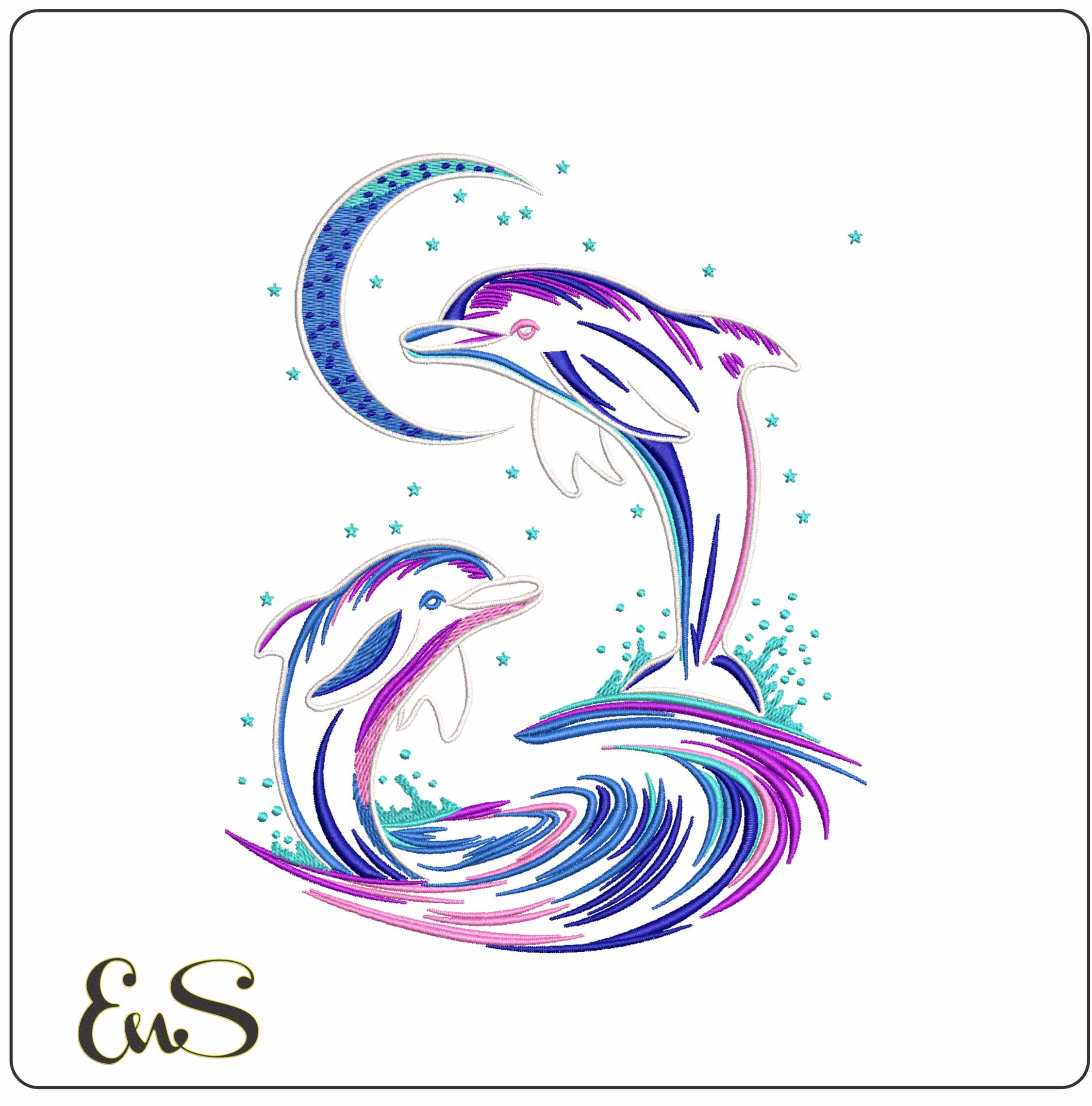 Dolphins leaping to the Moon- Elegant embroidery design file - instant download