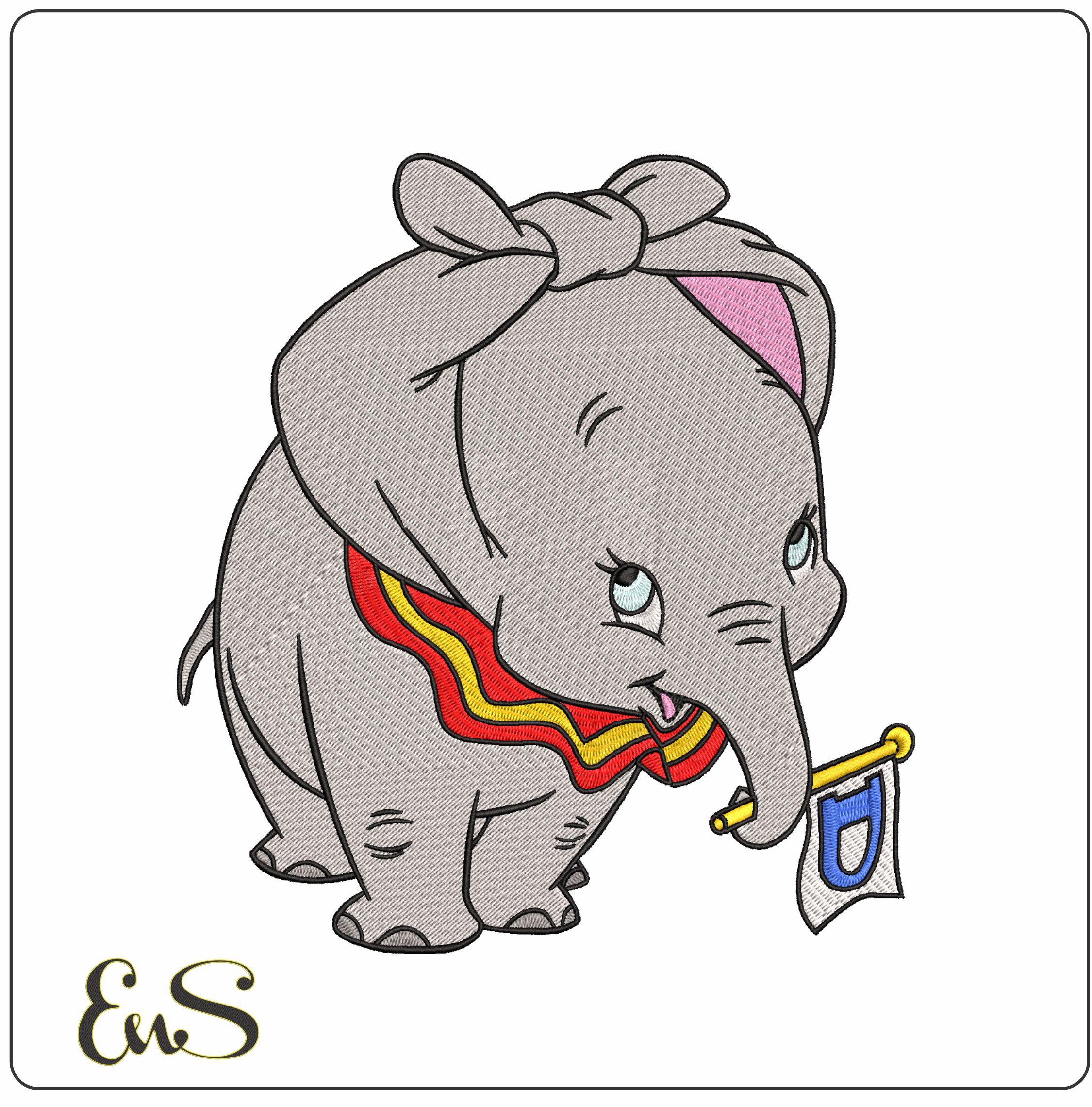 Dumbo the Elephant ear tied and flag- Elegant embroidery design file - instant download