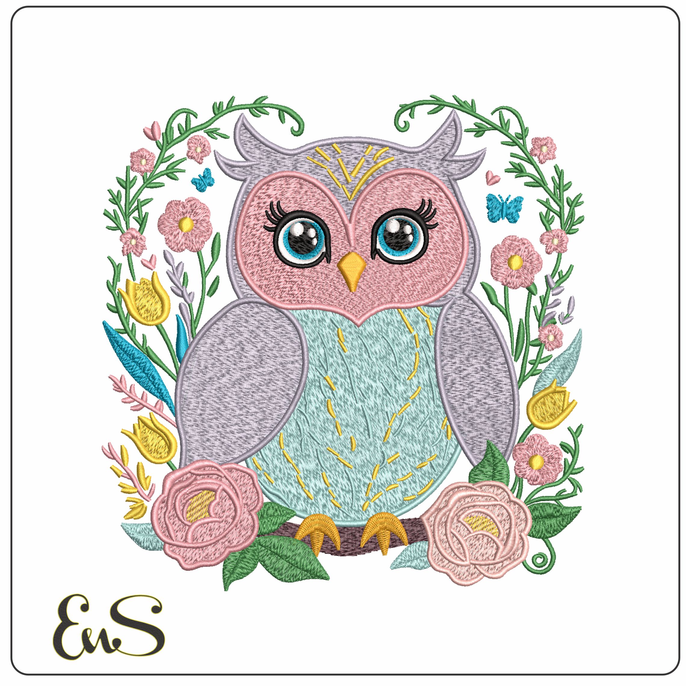 Floral Owl- Elegant embroidery design file - instant download