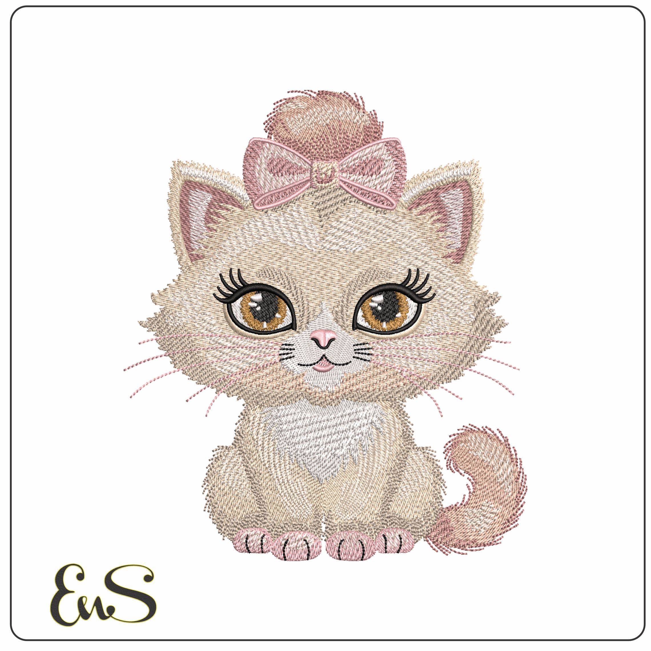 Fluffy Kitten with a Bow- Elegant embroidery design file - instant download