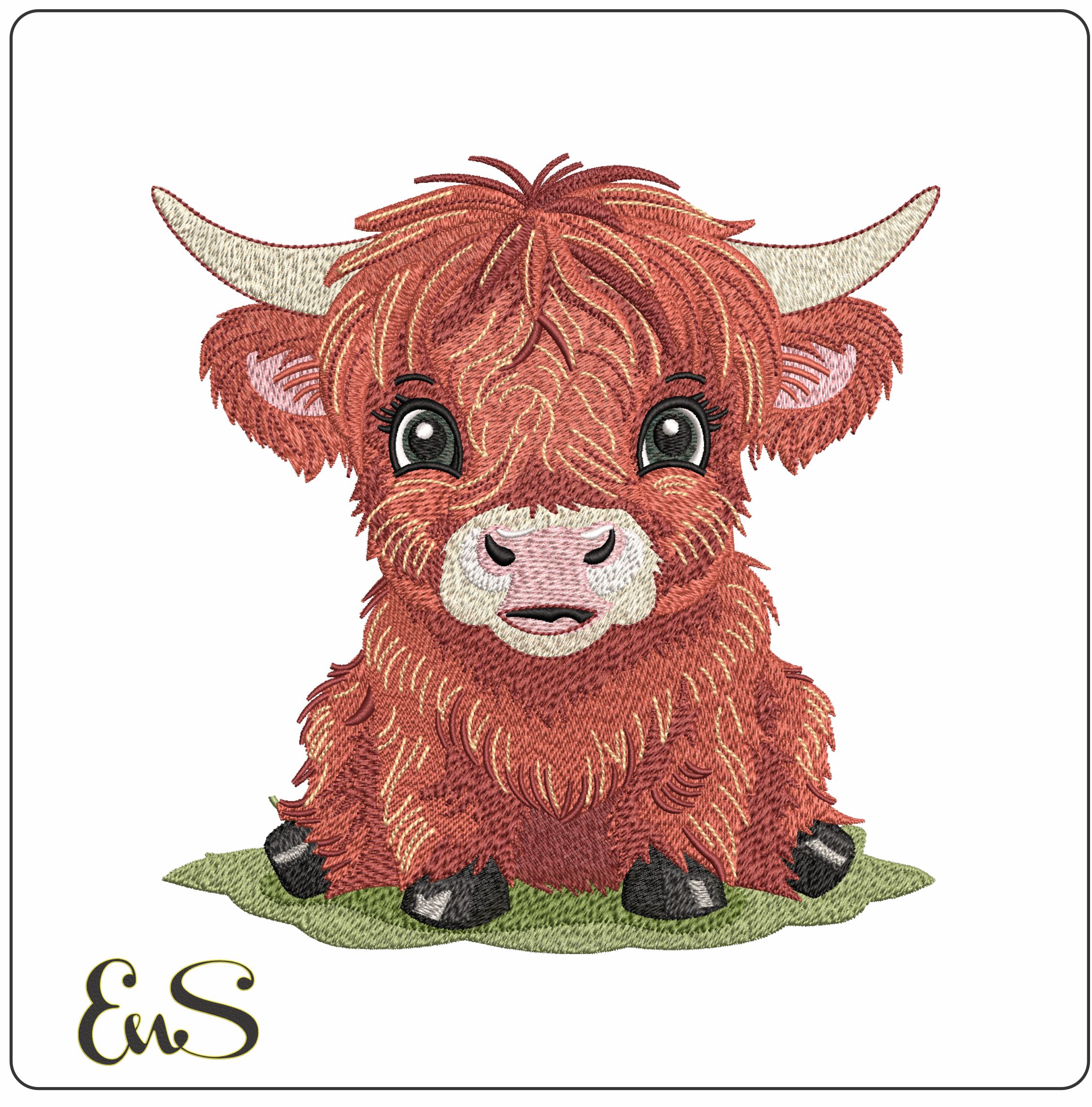 Highland cow on Grass- Elegant embroidery design file - instant download