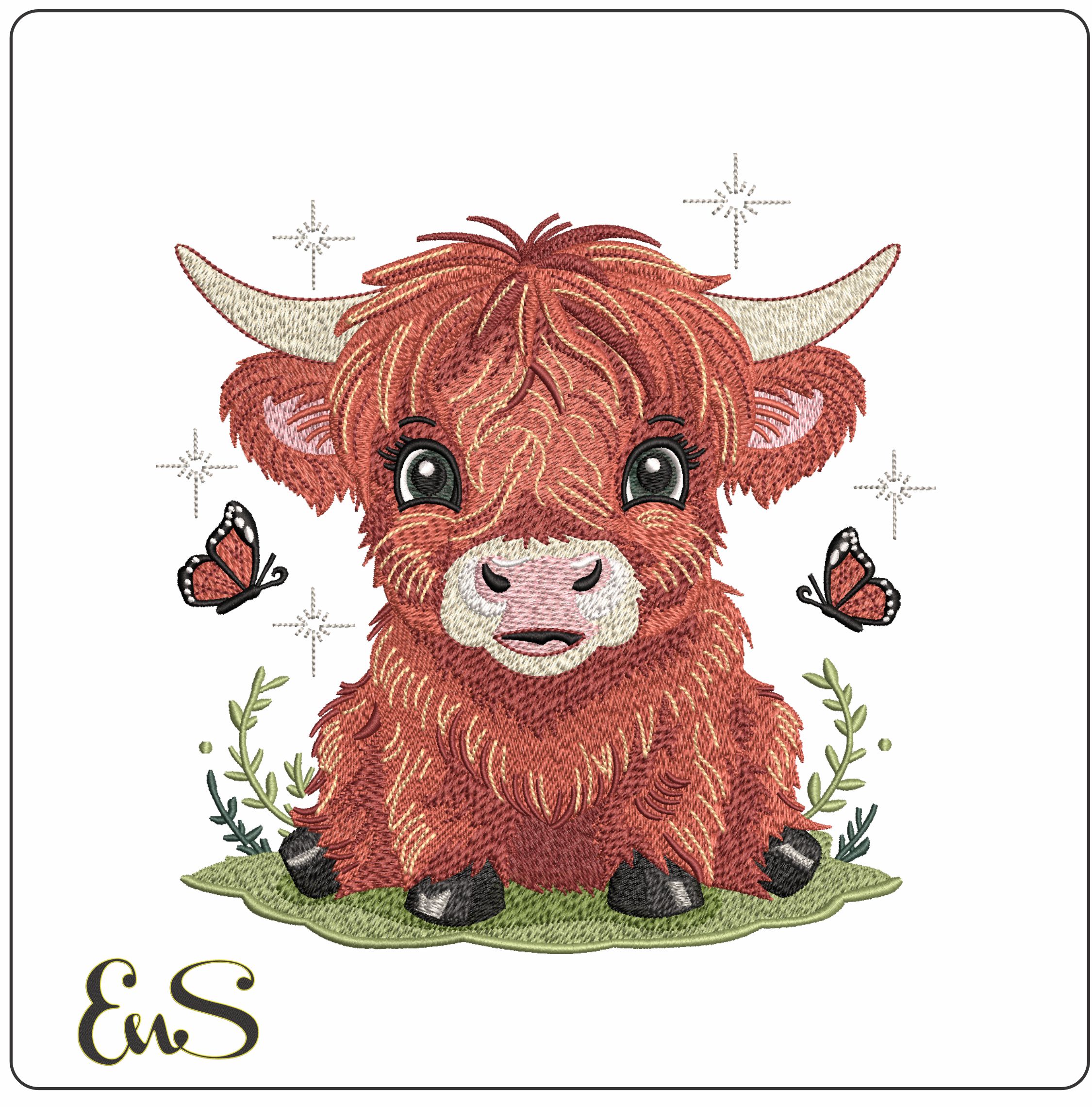 Highland cow with butterflies- Elegant embroidery design file - instant download