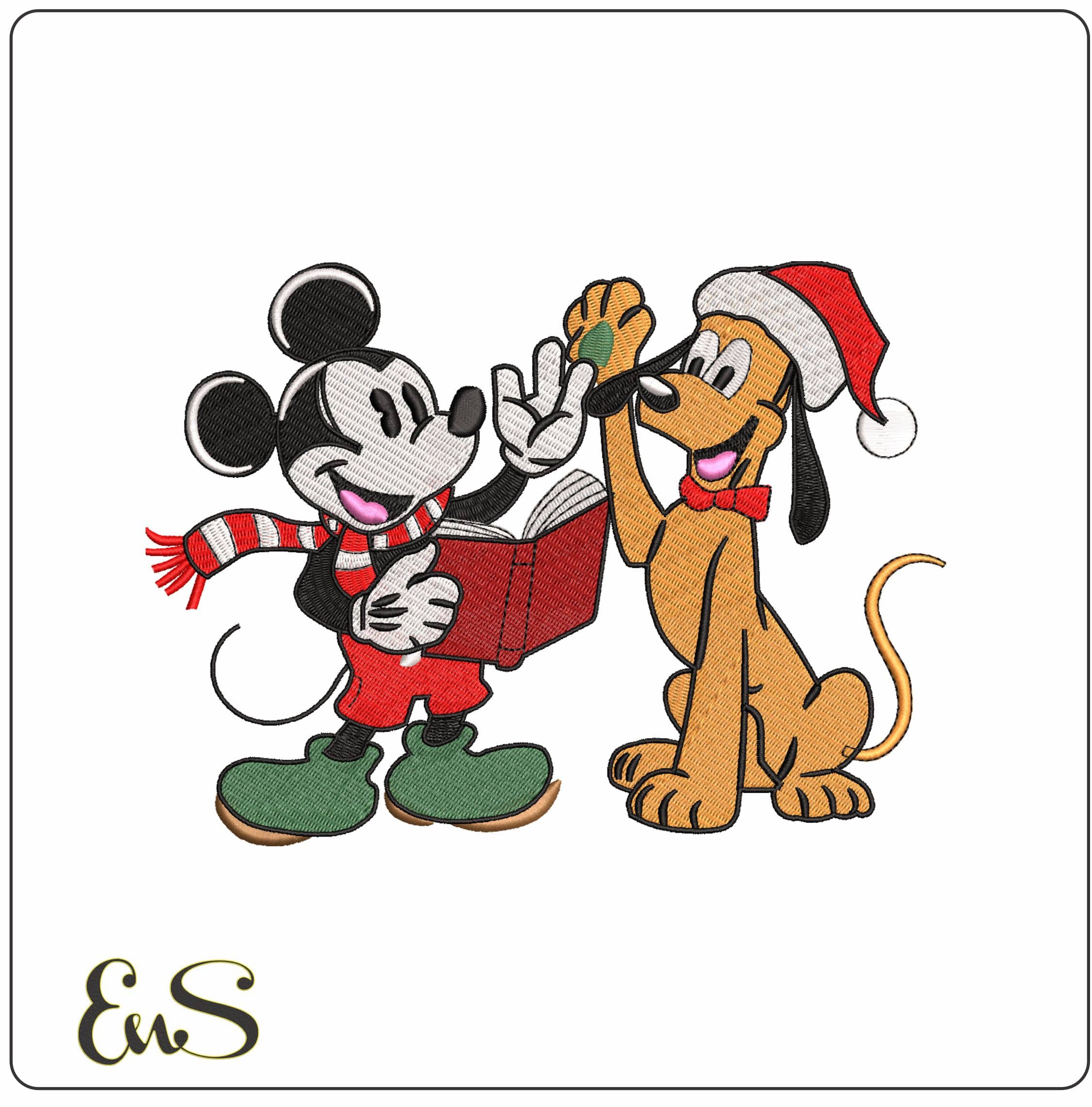 Mickey Mouse and Pluto Carol Singing- Elegant embroidery design file - instant download